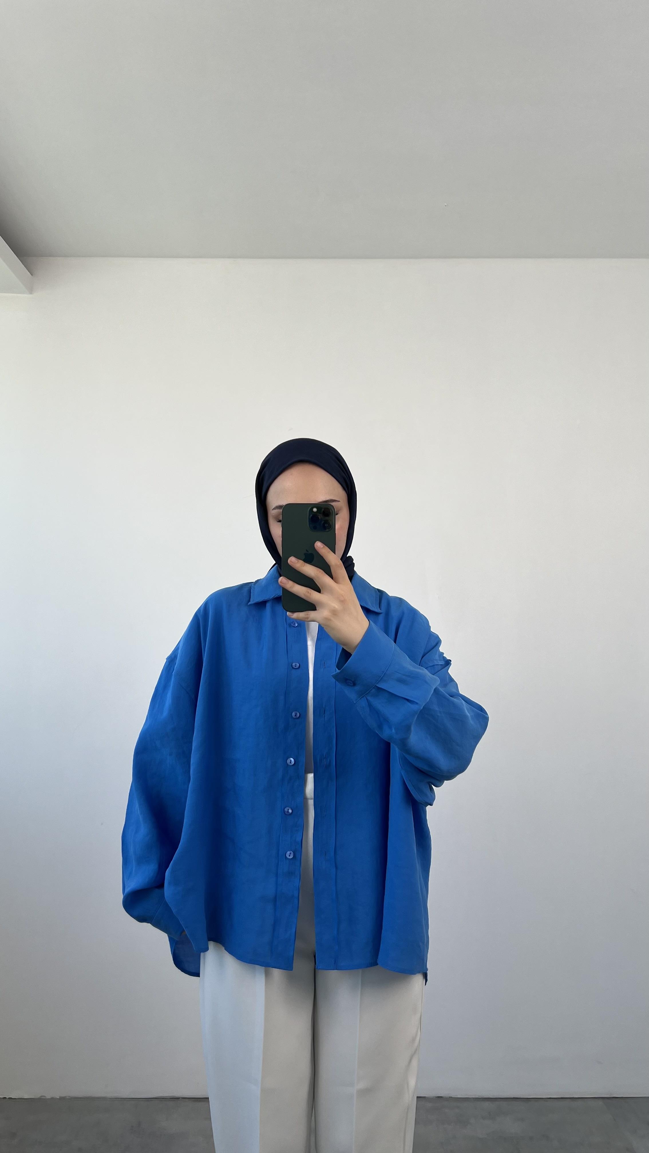 Tencel Pis Dikiş Oversize Saks Mavi  Gömlek