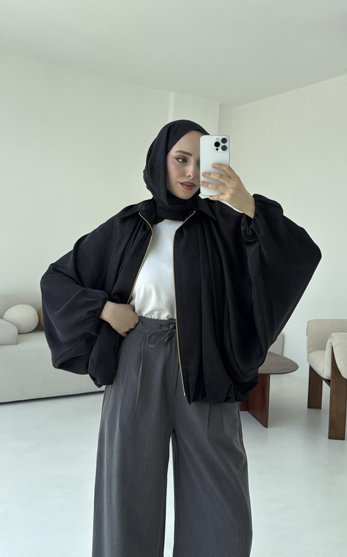 Bomber Saten Ceket Siyah