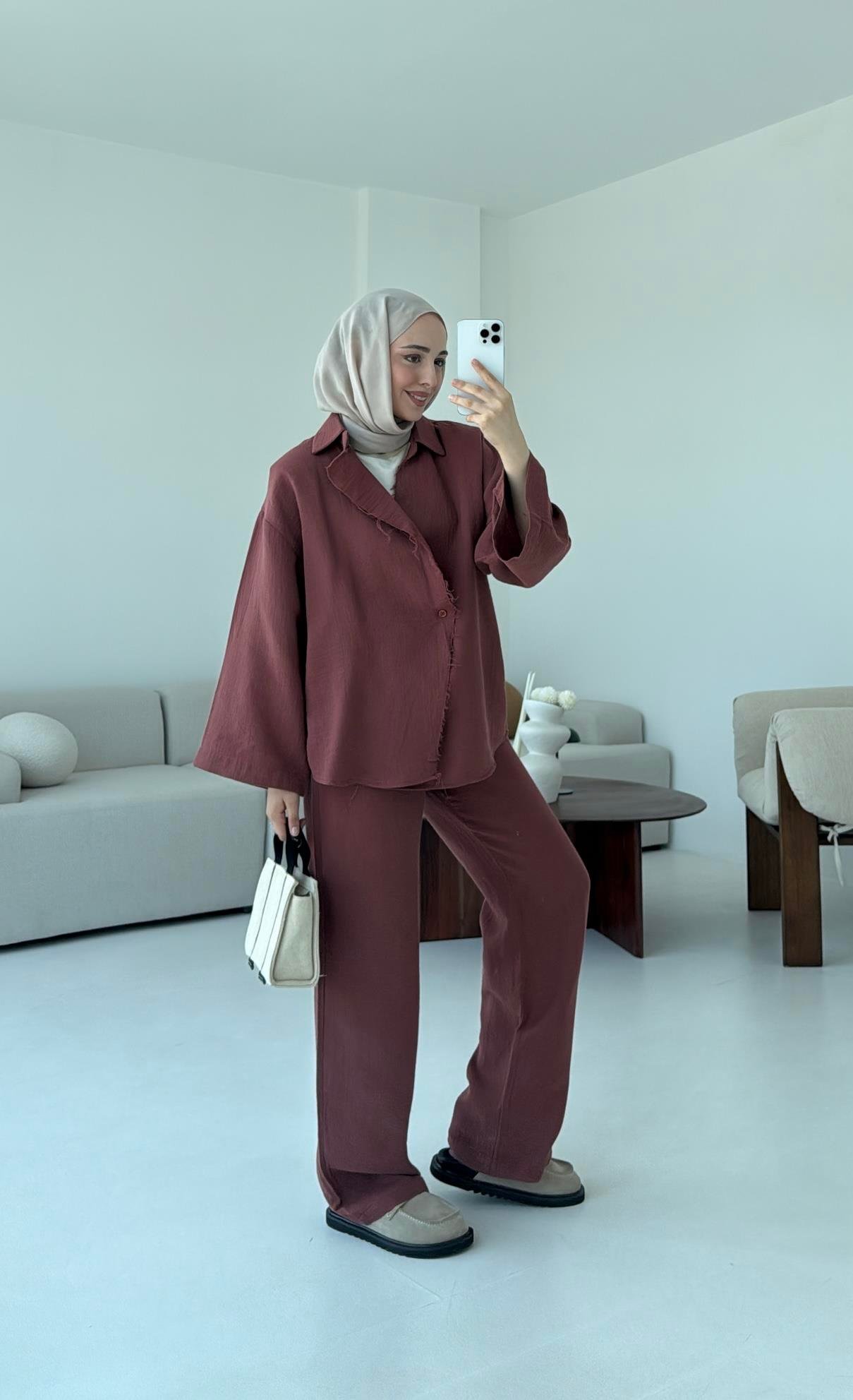 Müslin Düğmeli Kimono Takım Kiremit