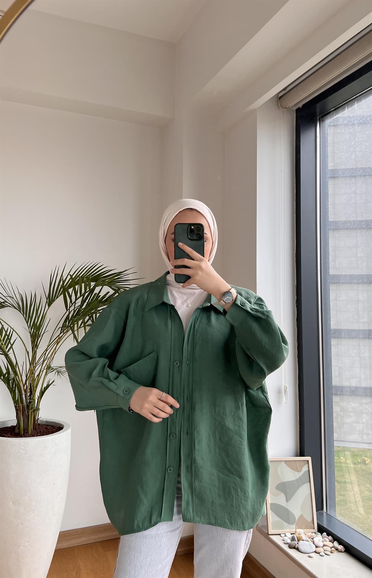 Oversize Pamuk Saten Gömlek Yeşil