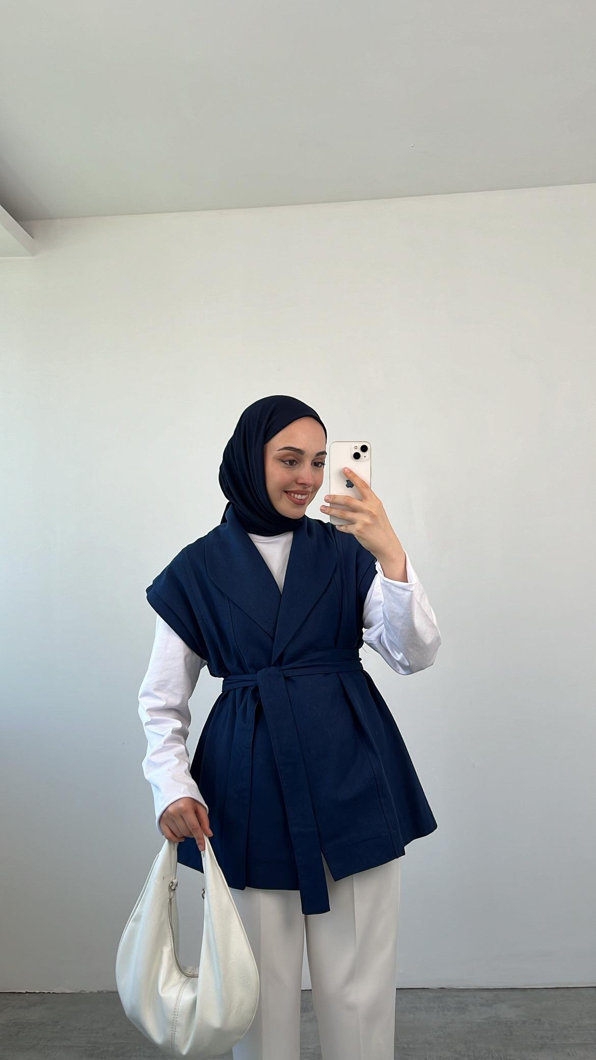 Bağlamalı Keten Yelek Lacivert