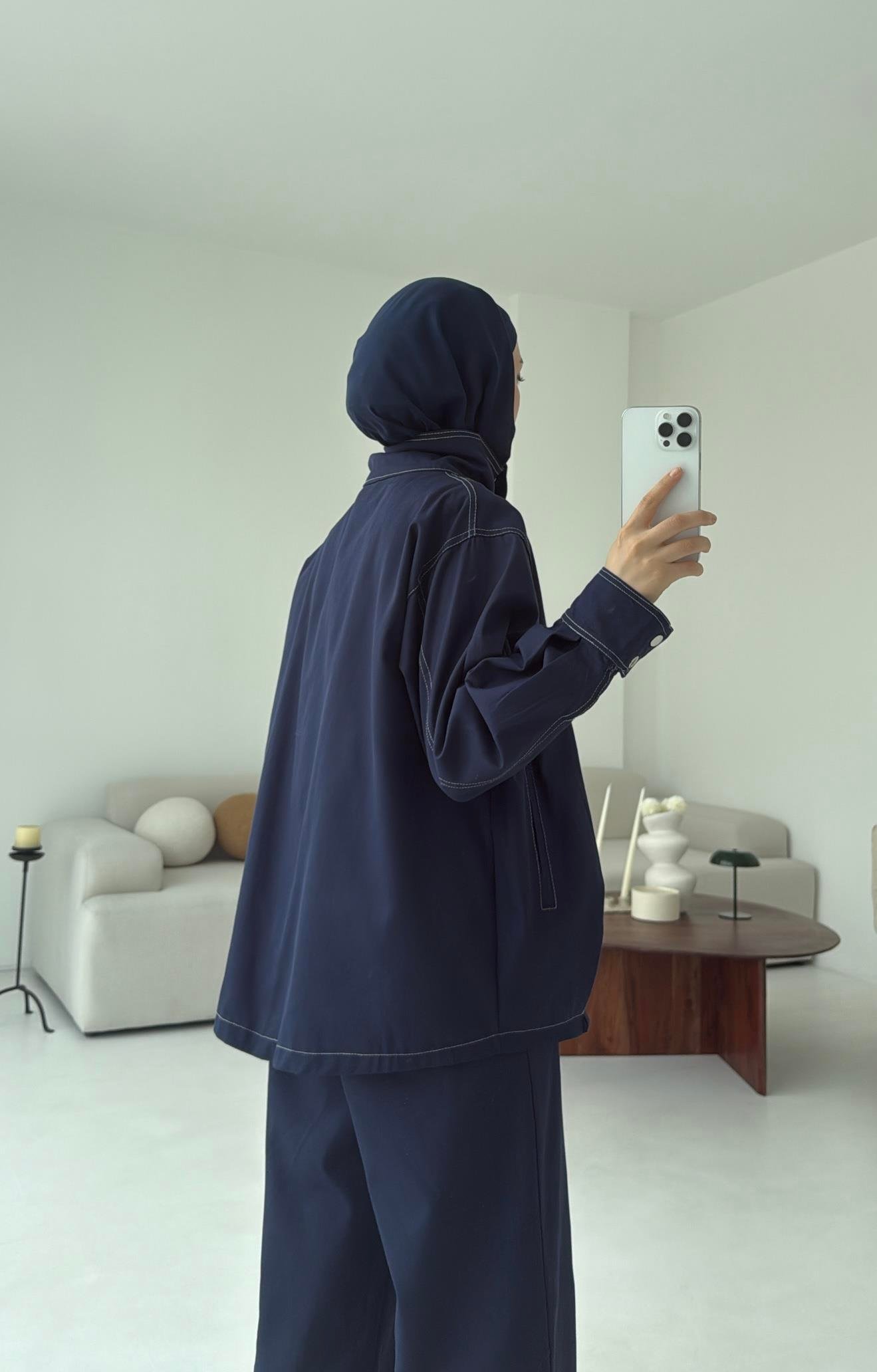 Kontrast Dikişli Gabardin Takım Lacivert