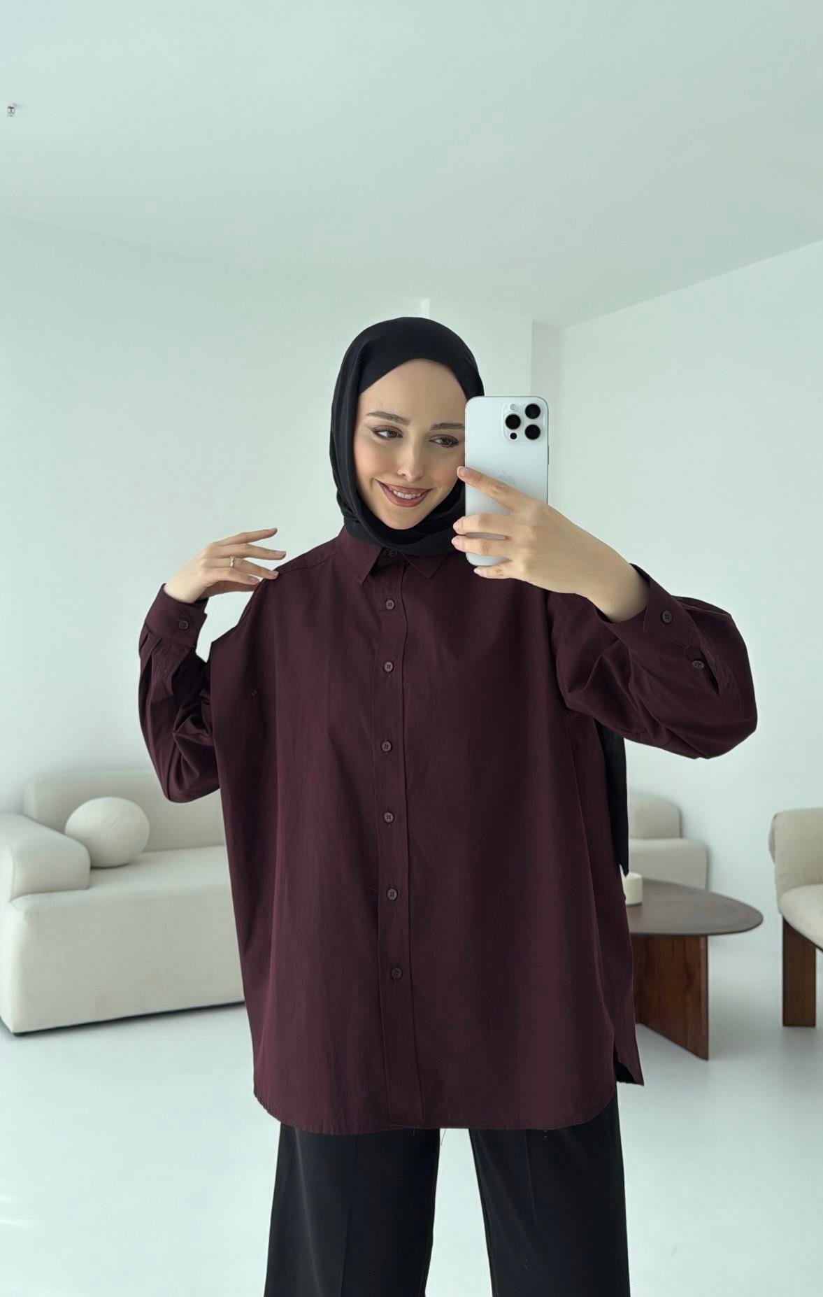 Poplin Oversize Gömlek Bordo