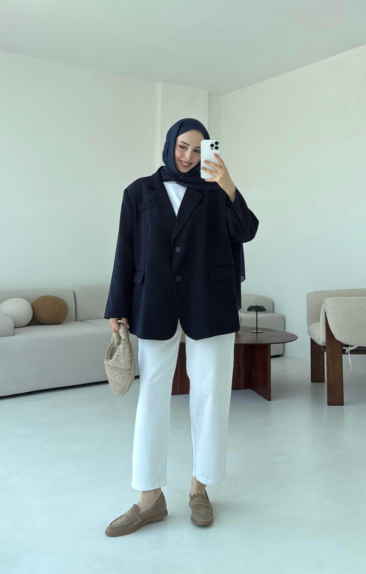 Çift Dügmeli Oversize Blazer Ceket Lacivert