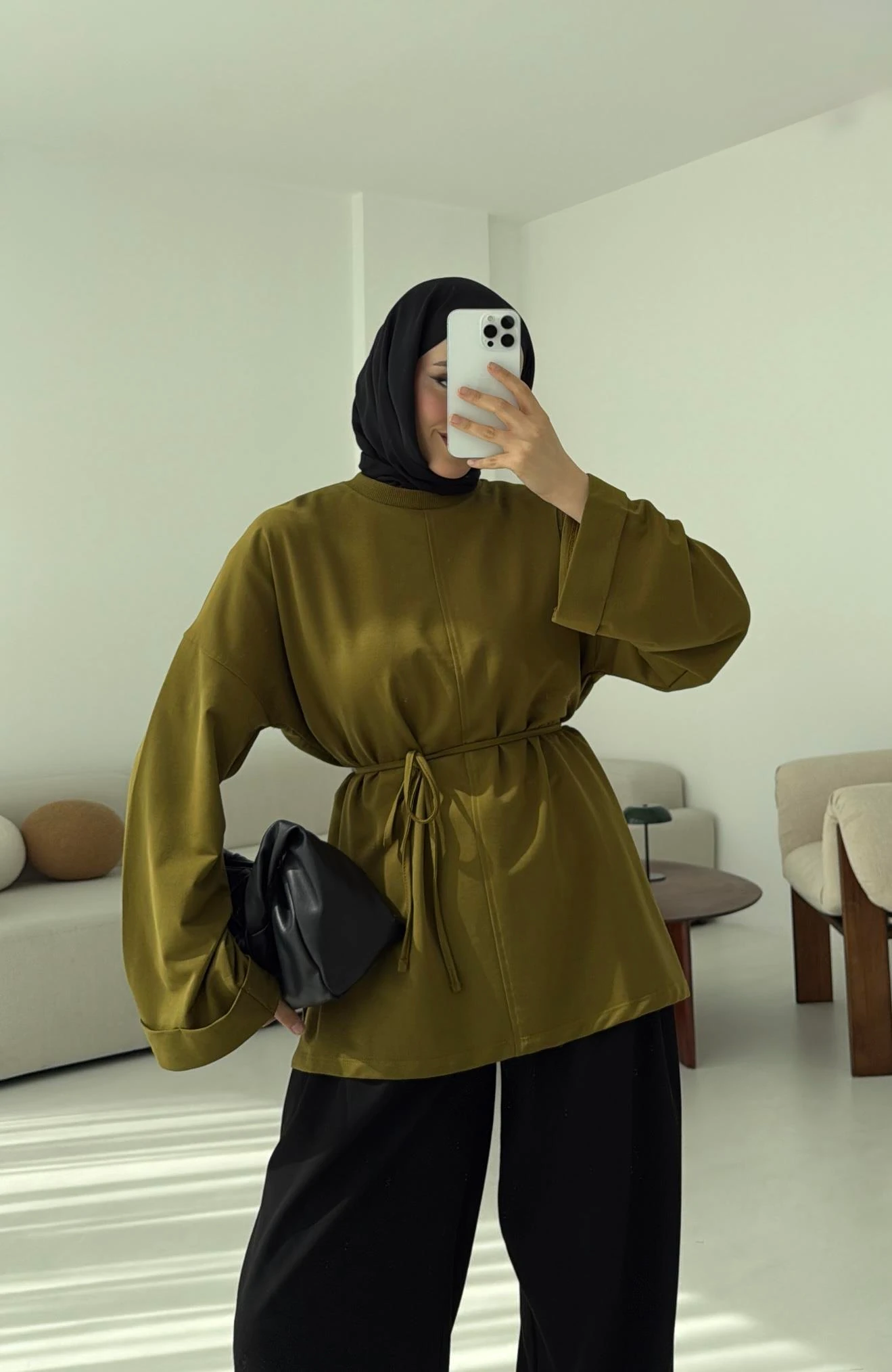 Bağlamalı Yanı Yırtmaç Detay Sweat Olive