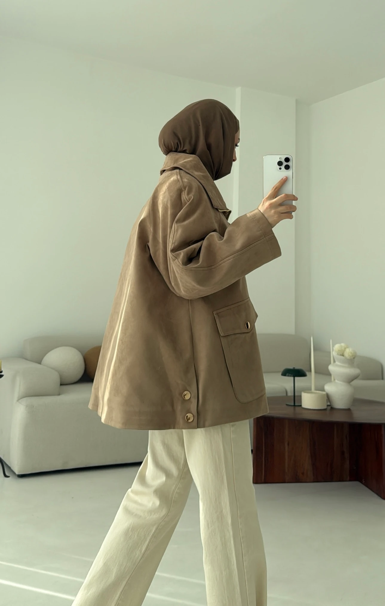 Oversize Dolgulu Süet Ceket Bej