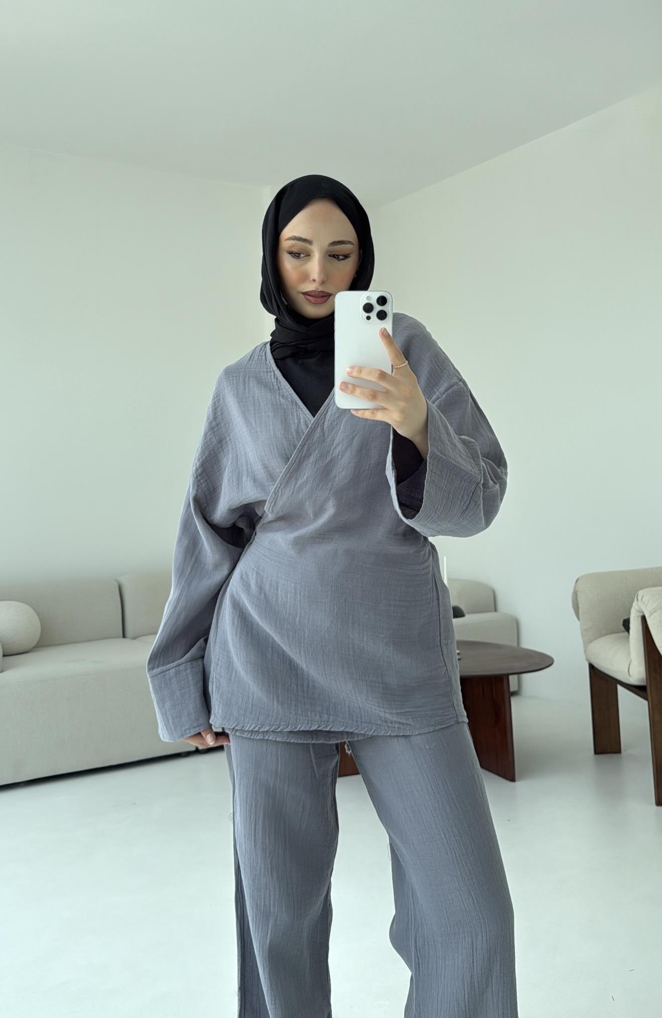 Müslin Yandan Baglamalı Takım Gri