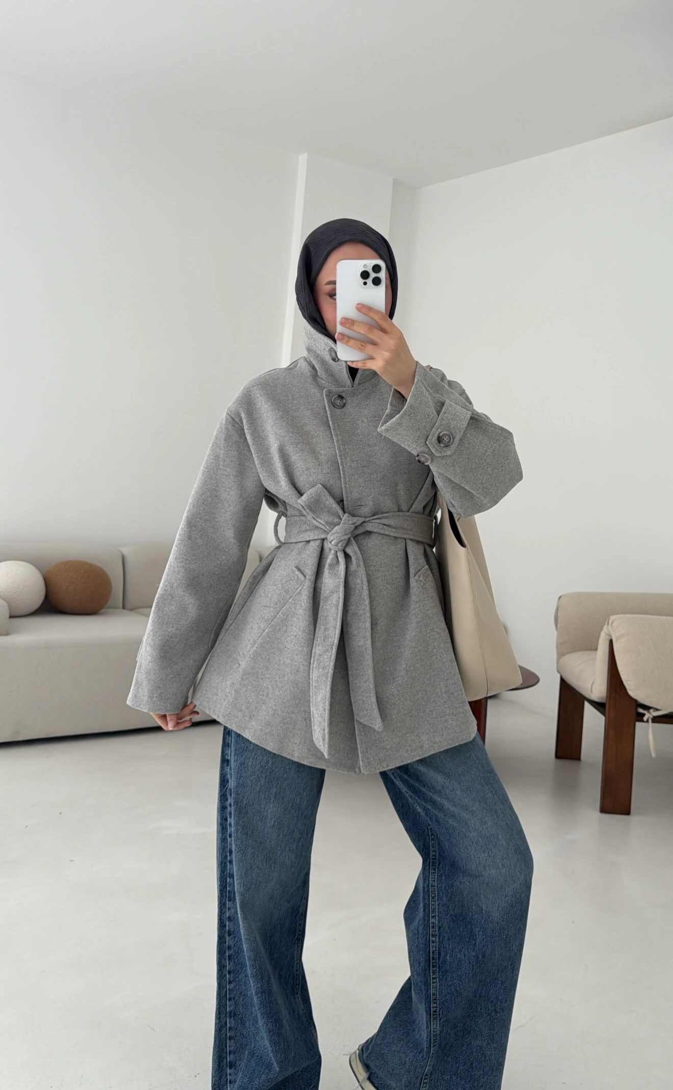 Gri Orta Boy Kaşe Kaban