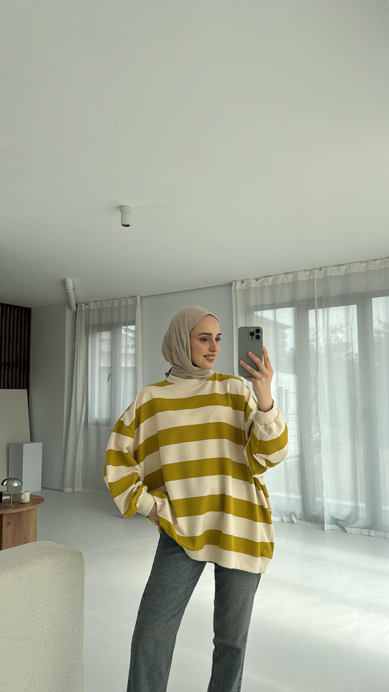 Çizgili Oversize Sweatshirt Olive