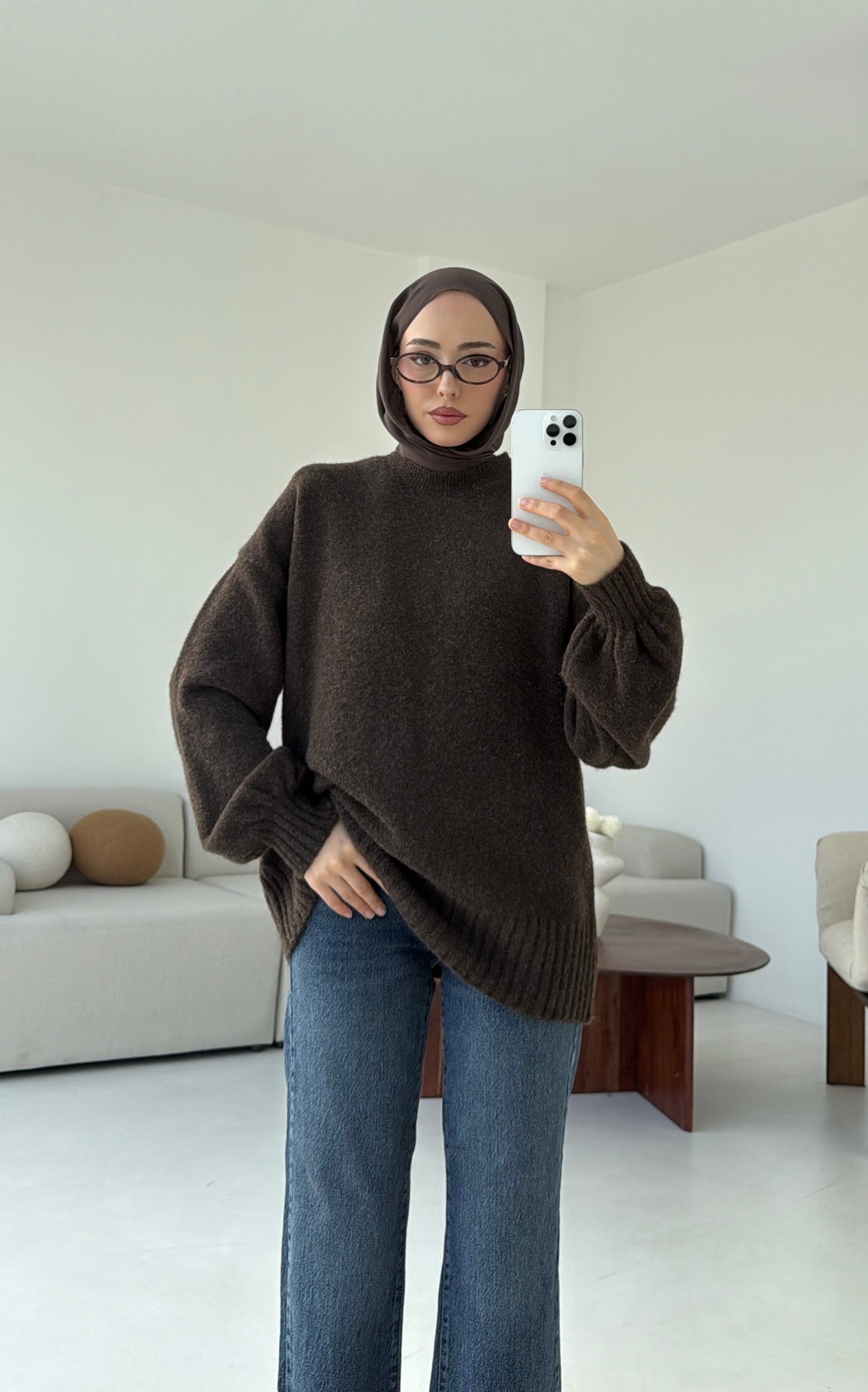 Balon Kol Yumuşak Kazak Kahve