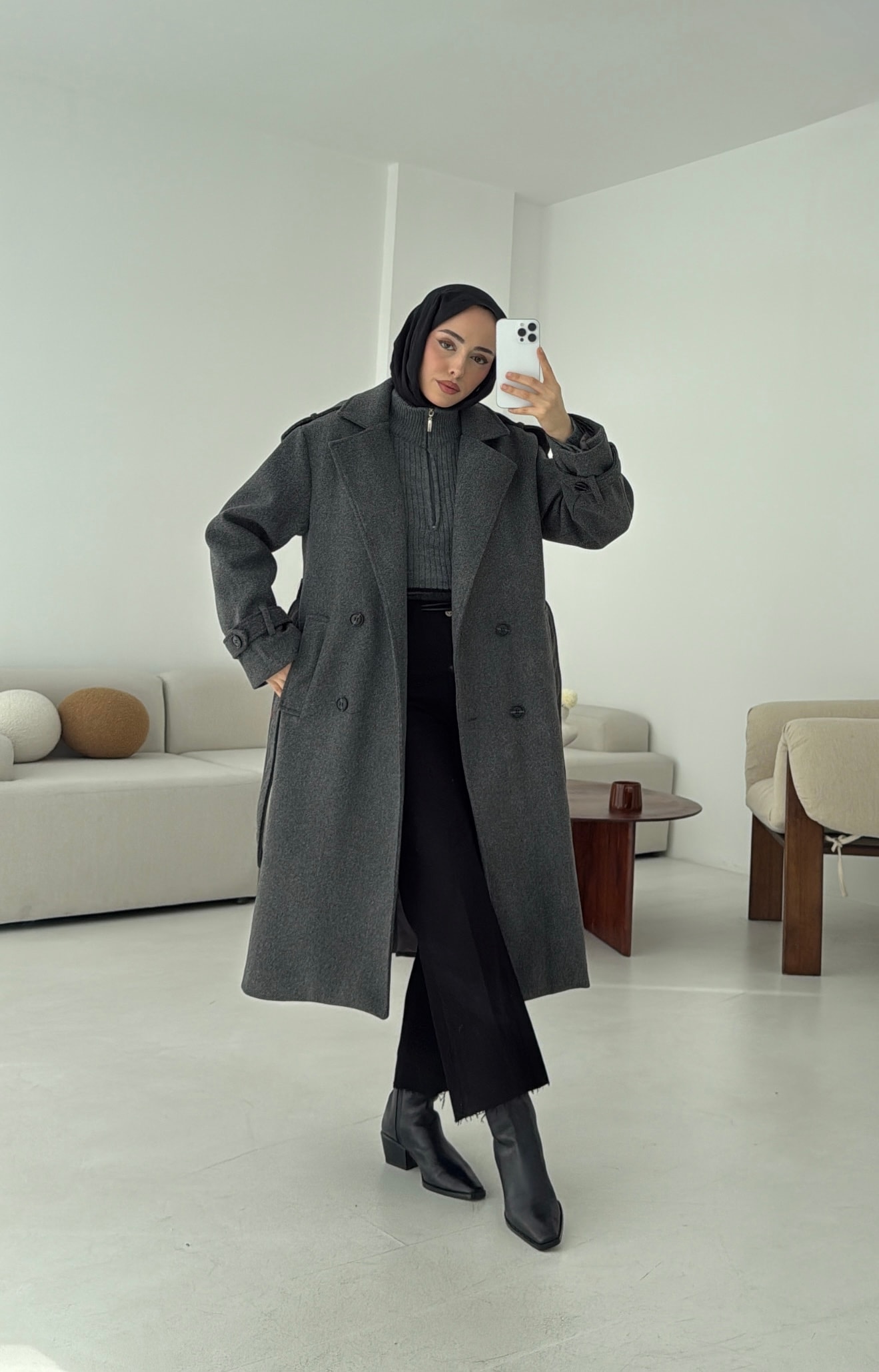 Premium Uzun Kaşe Kaban Antrasit