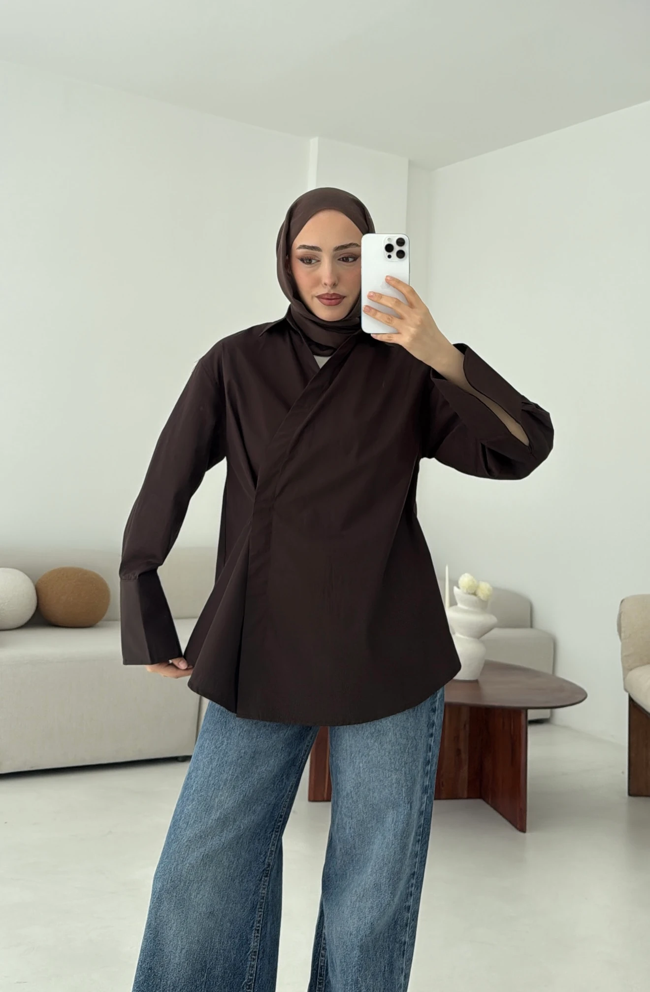 Yandan Düğmeli Gömlek Kahve