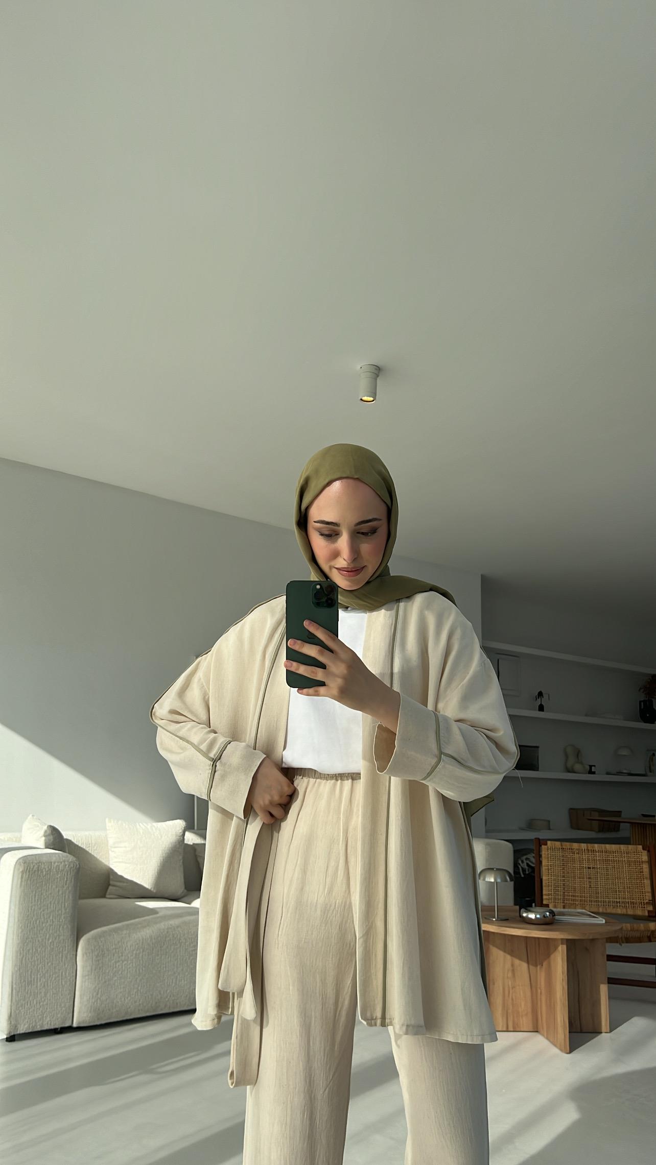 Ara Biyeli Keten Takım Bej