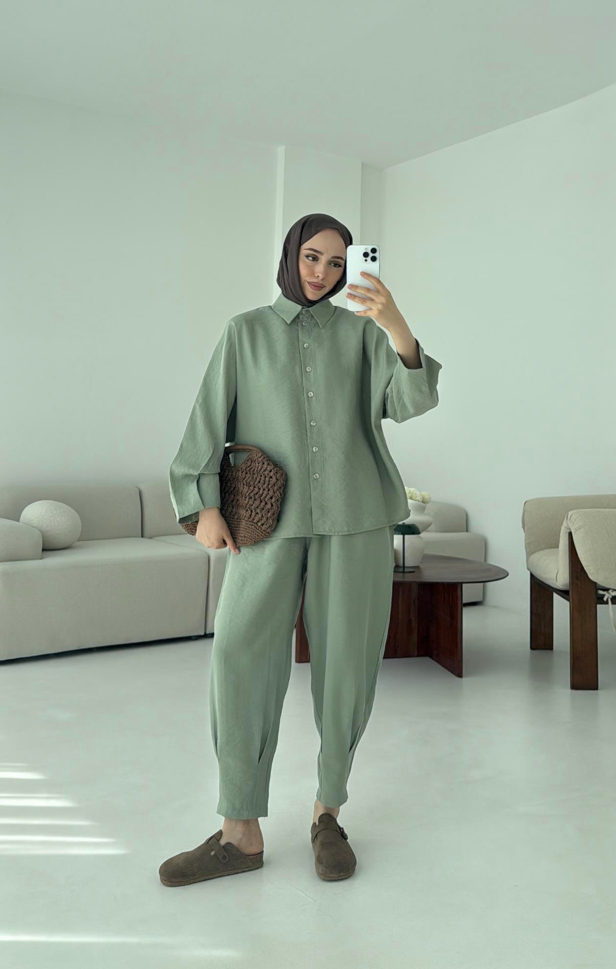 Pens Detay Tencel Takım Mint Yeşili