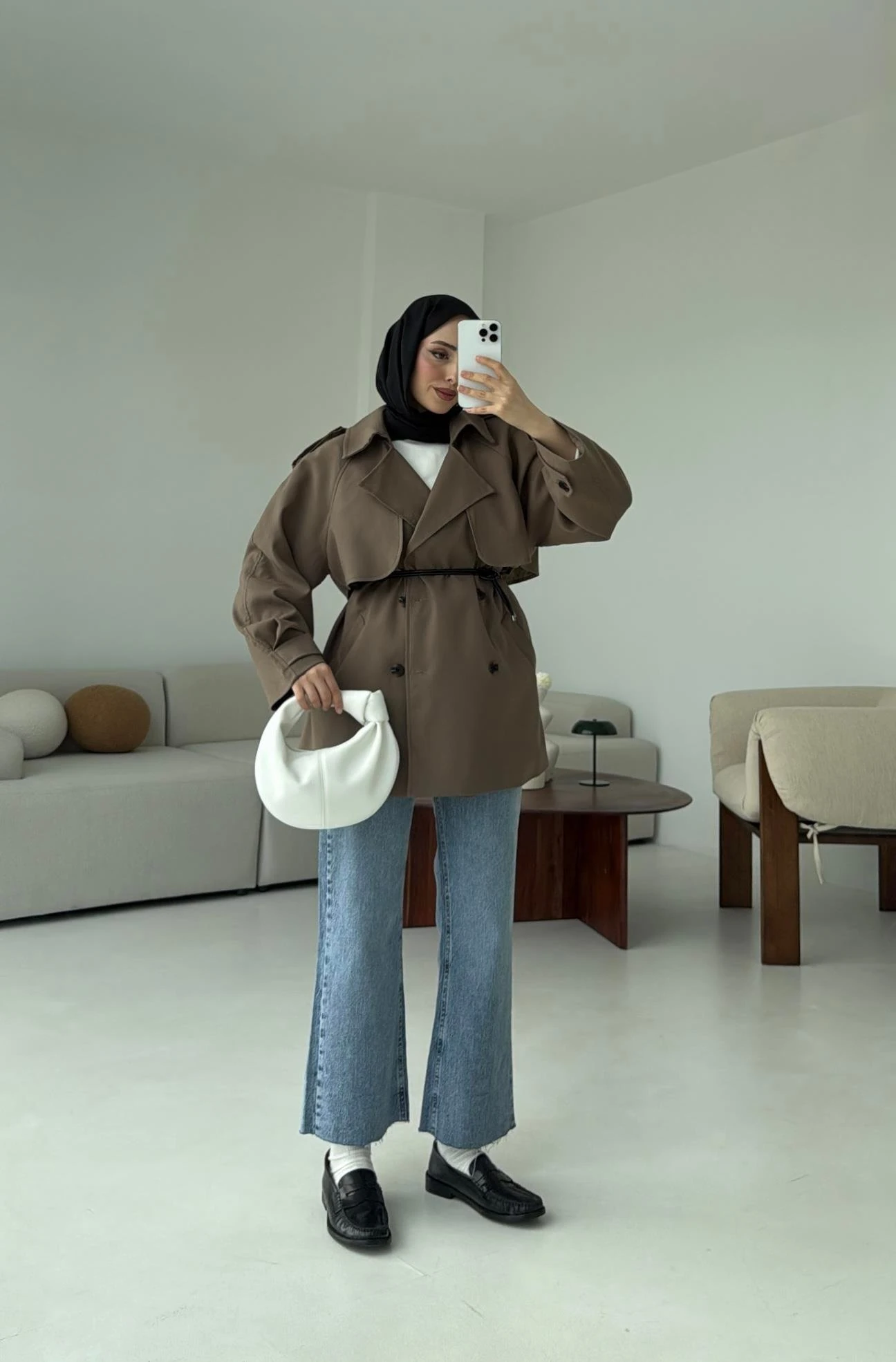 Deri Kemerli Trençkot Vizon