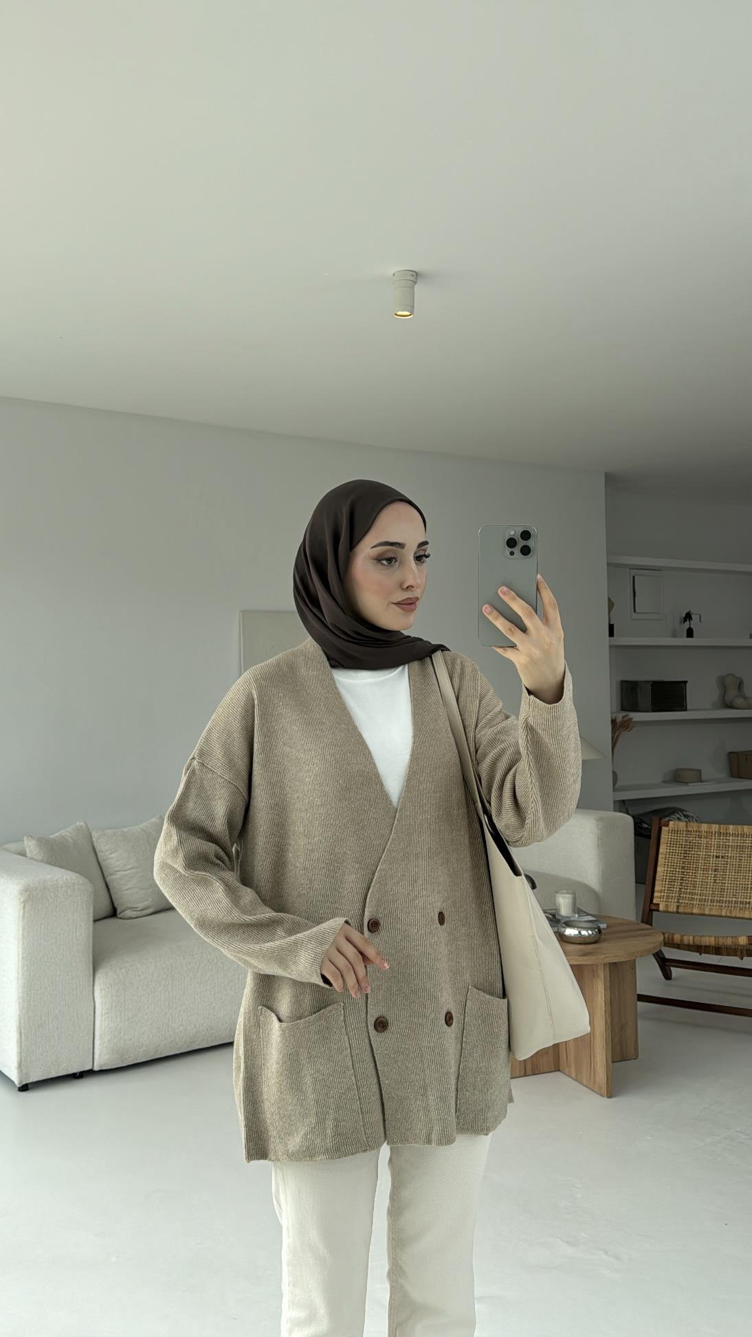 Düğmeli Cepli Triko Hırka Vizon