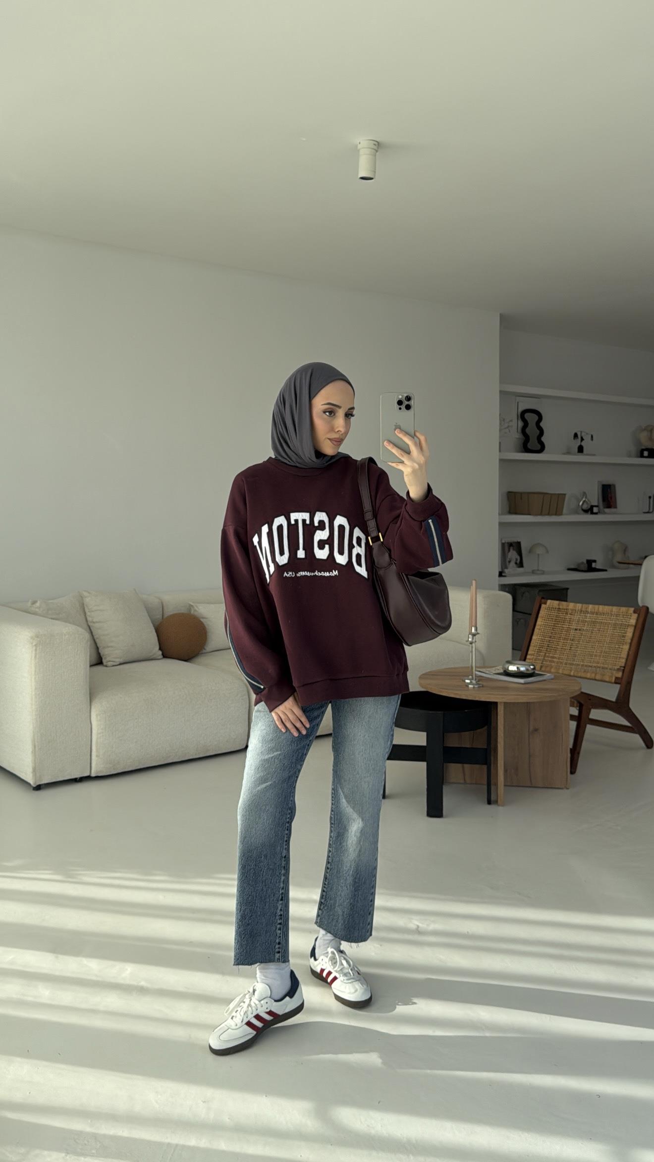 Baston Baskılı Sweatshirt Bordo