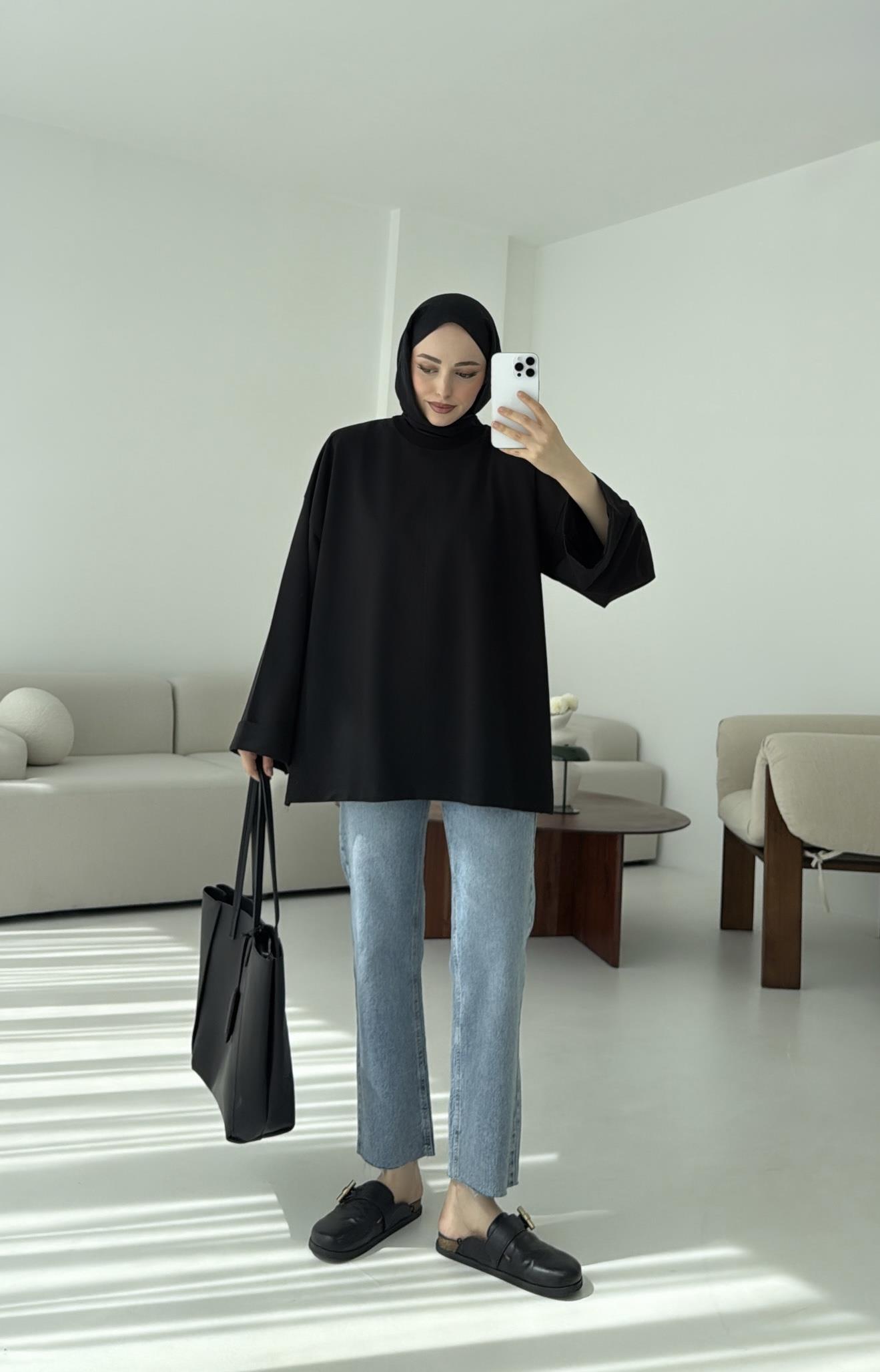 Bağlamalı Yanı Yırtmaç Detay Sweat Siyah