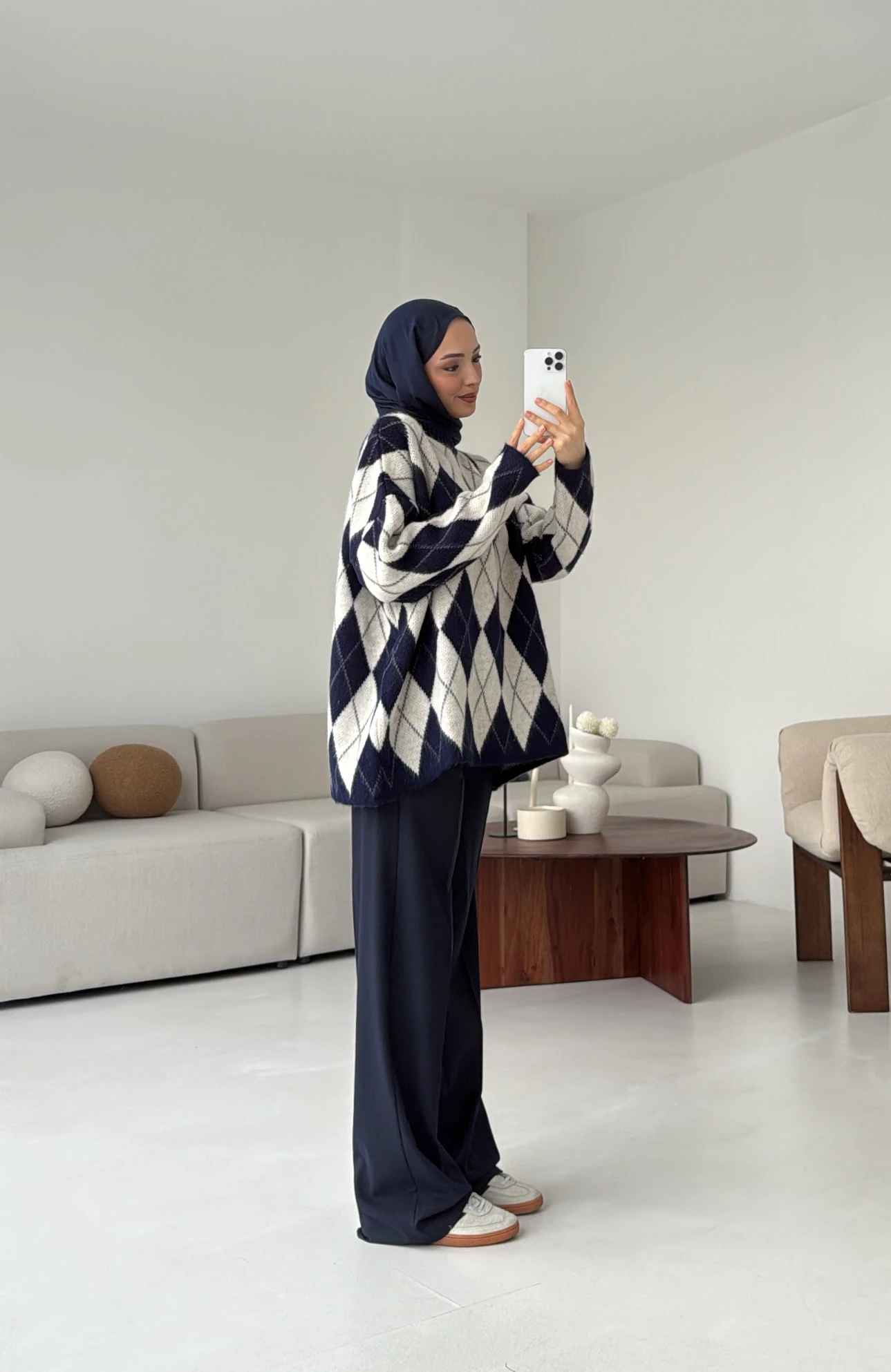 Premium Desenli Kalın Kazak Krem/Lacivert