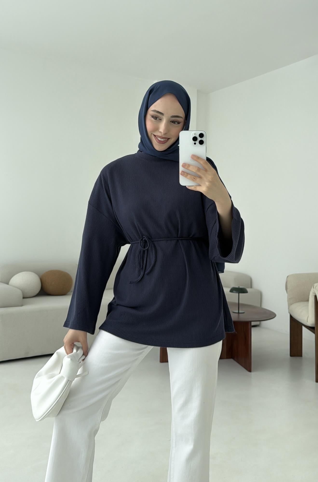 Biyeli Kaşkorse Tunik Lacivert