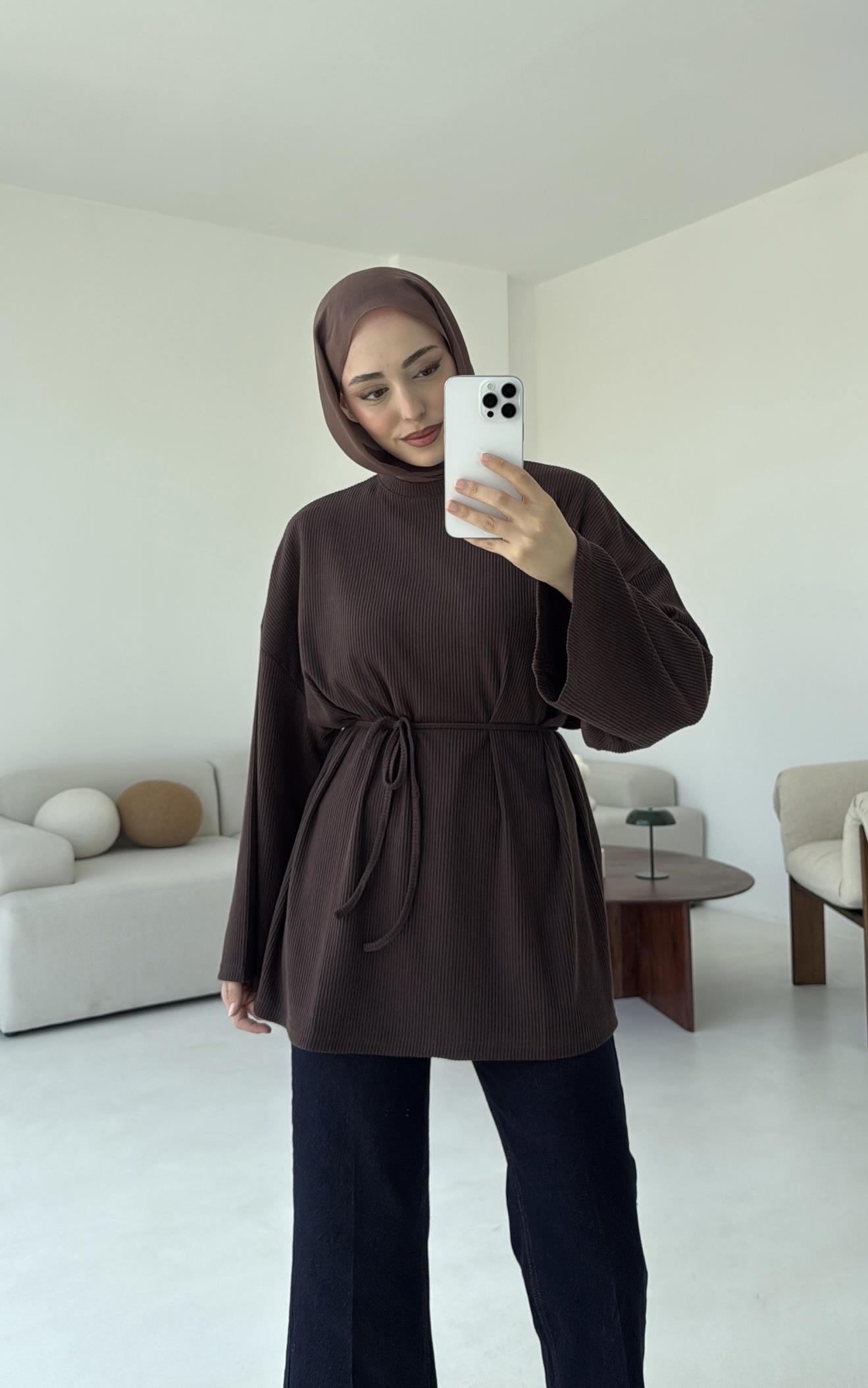 Biyeli Kaşkorse Tunik Kahve