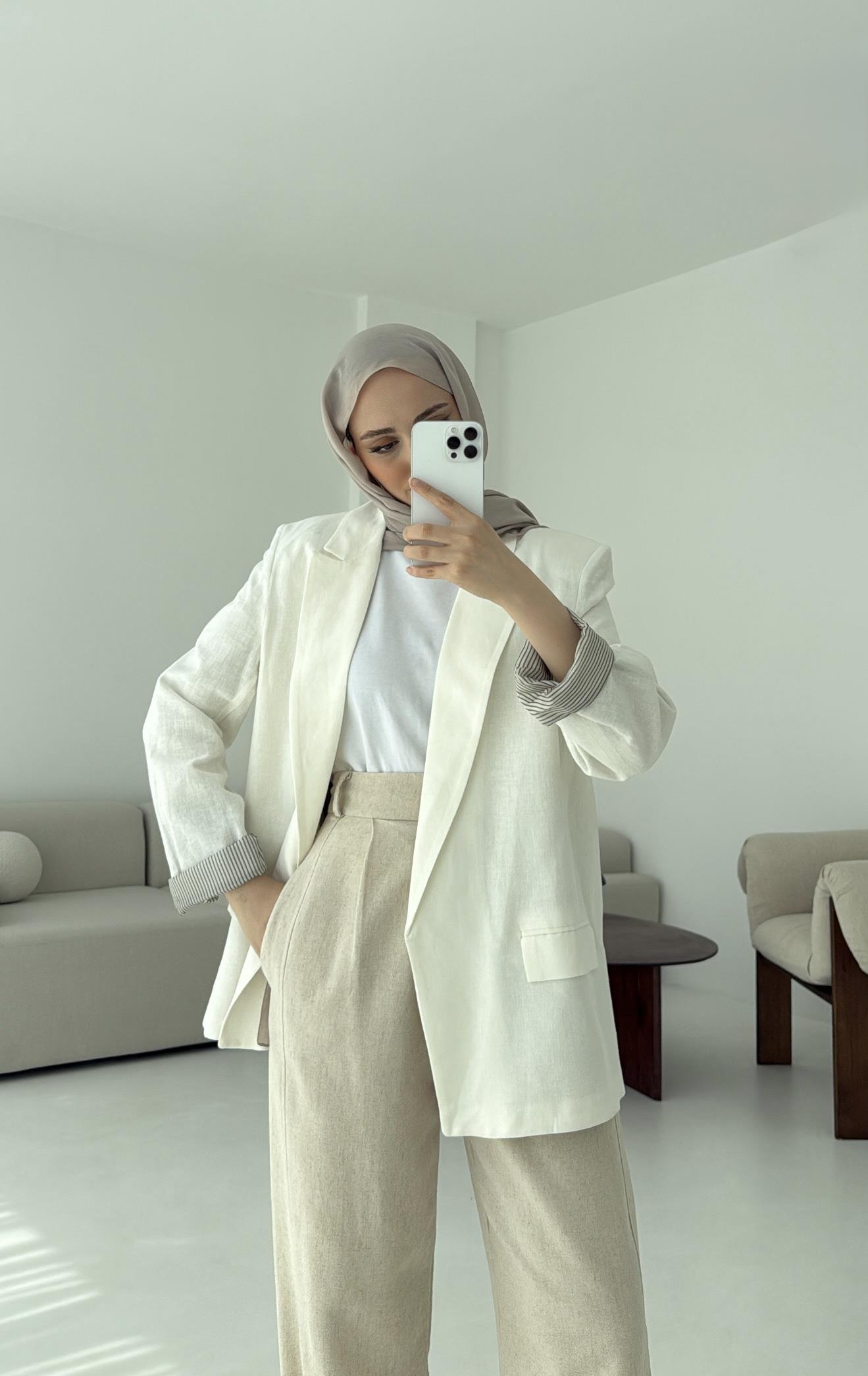 Keten Astarı Çizgili Blazer Ceket Beyaz