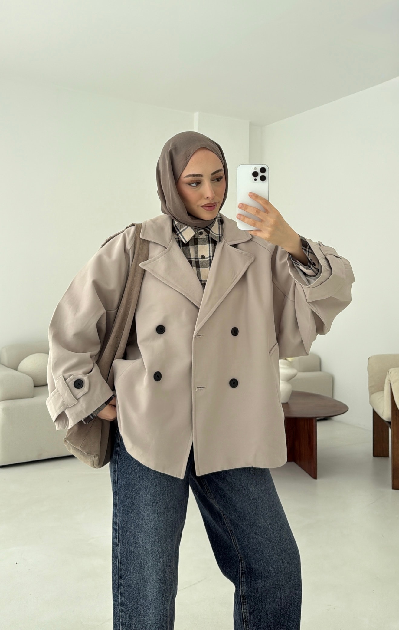 Geniş Kol Oversize Trençkot Taş