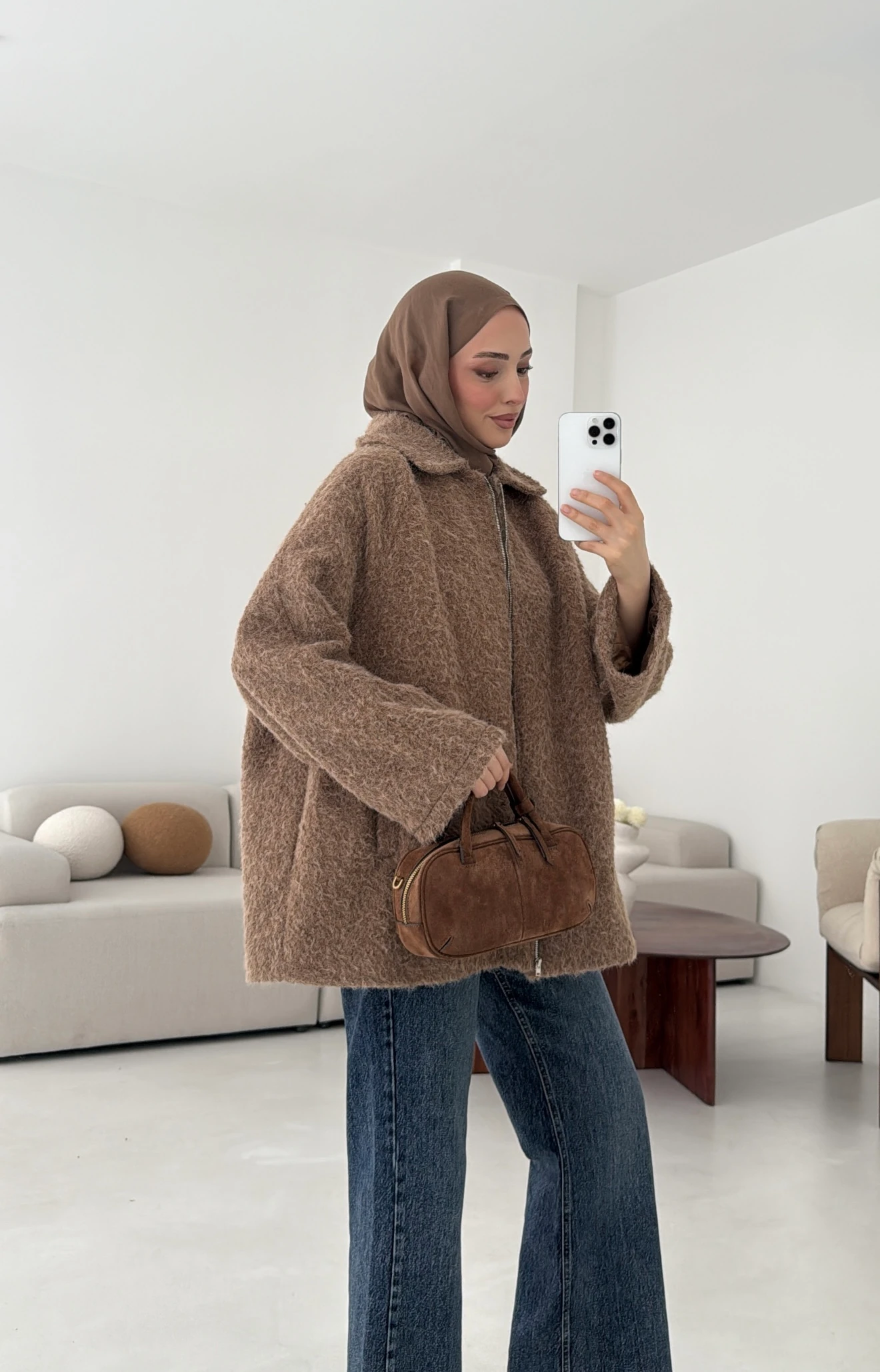 Kırçıllı Fermuarlı Kaban Kahve