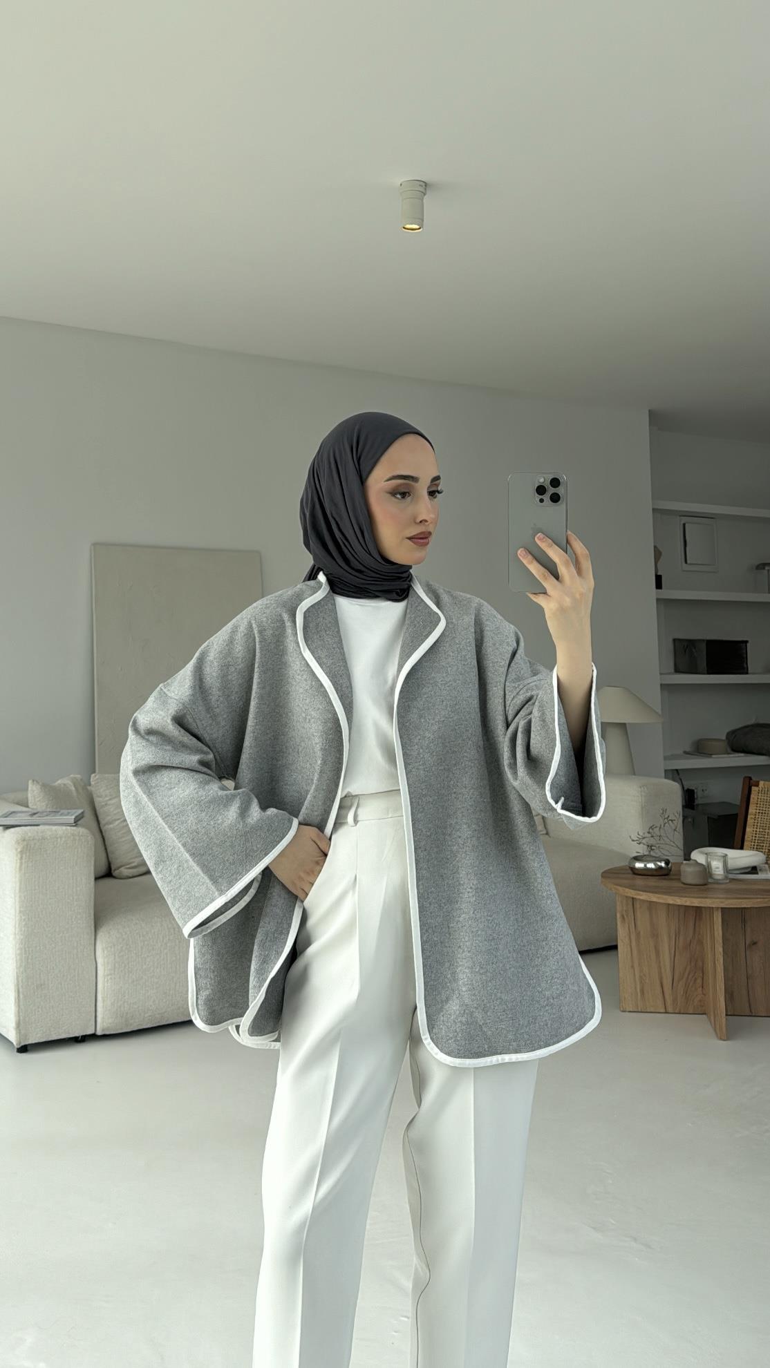 Mevsimlik Kaşe Bağlamalı Kimono Gri