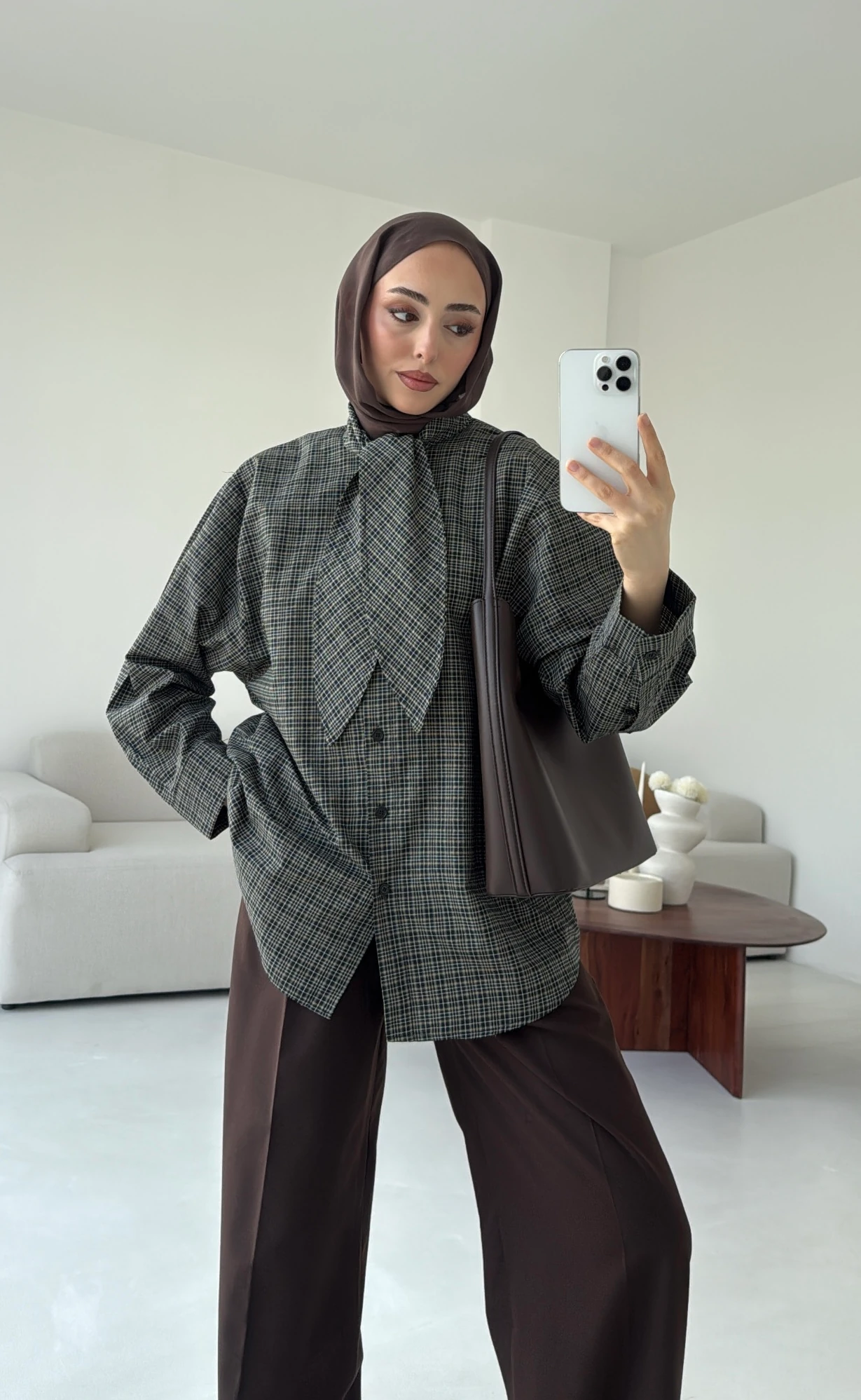 Fular Detay Ekose Gömlek Haki/Kahve