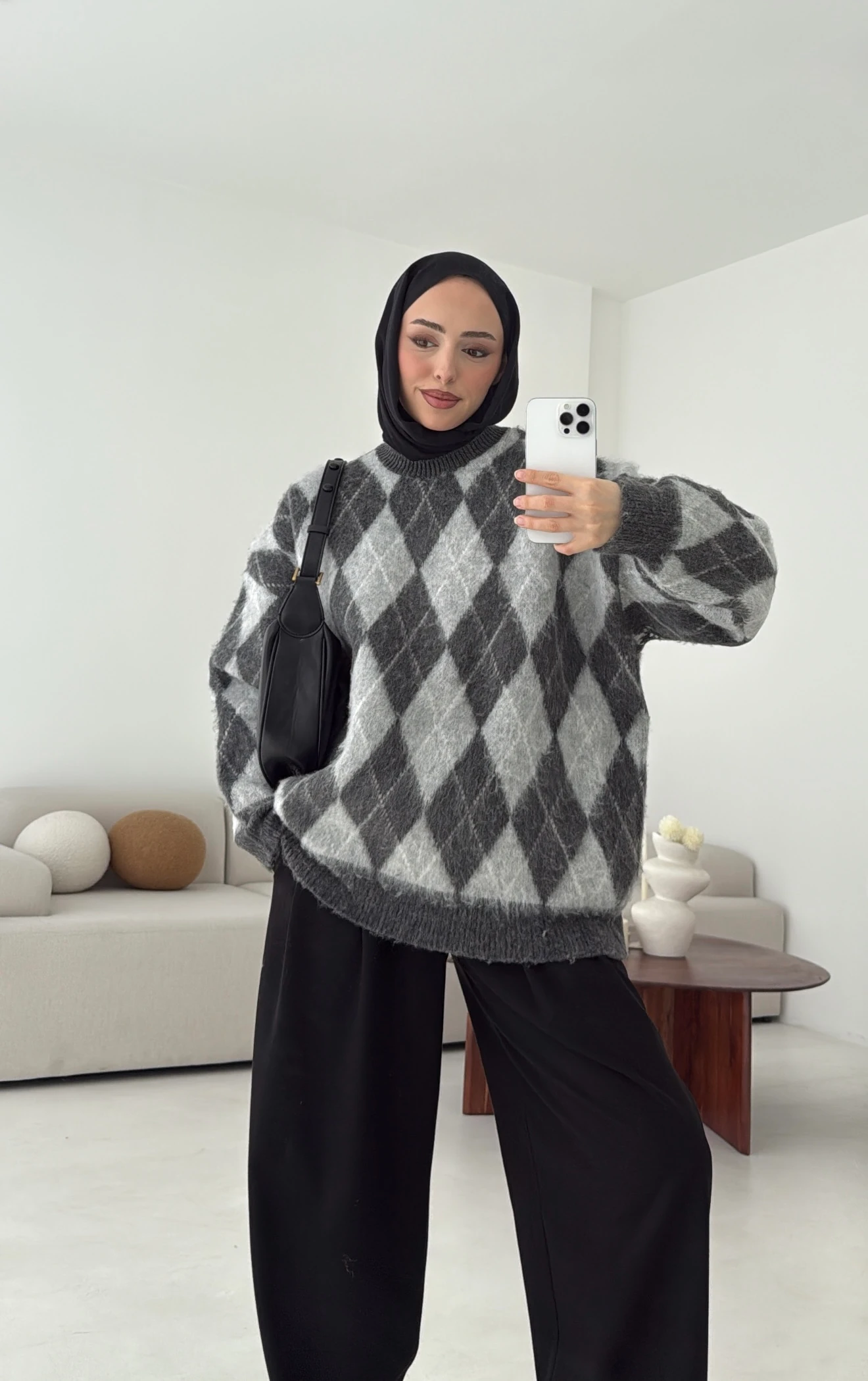 Baklava Desen Şardonlu Kazak Gri