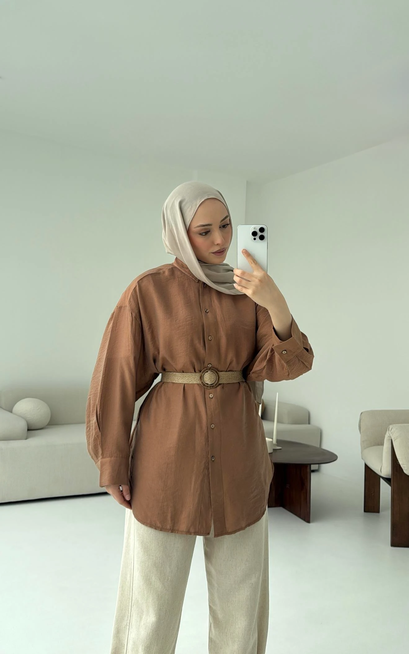 Hasır Kemerli Gömlek Kahve