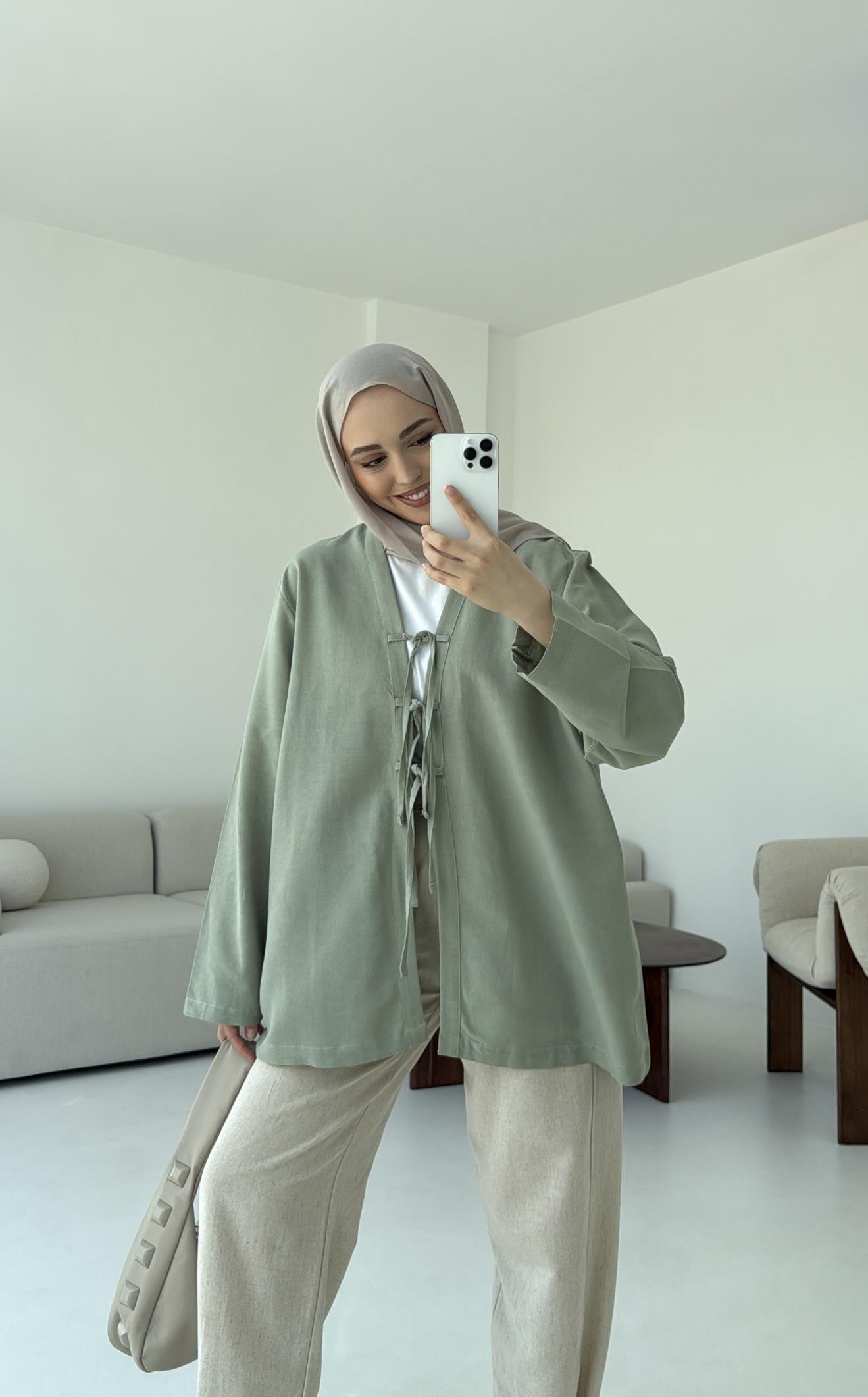 Keten Üç Bağlamalı Kimono Çağla