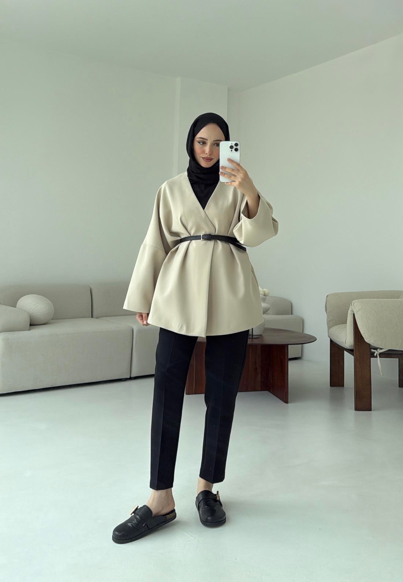 Deri Kemer Detay Oversize Ceket Taş