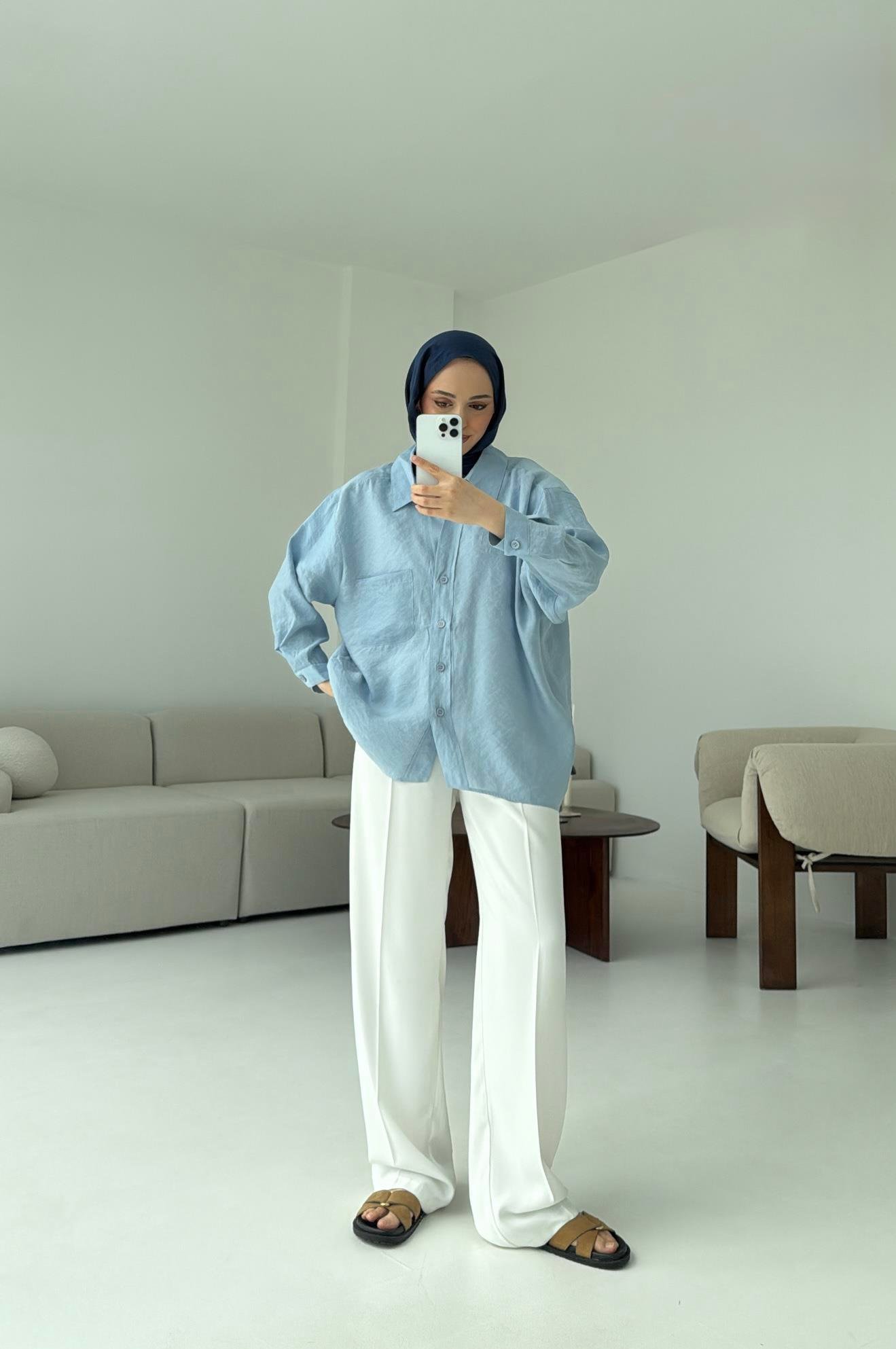 Düşük Omuz Oversize Gömlek Mavi