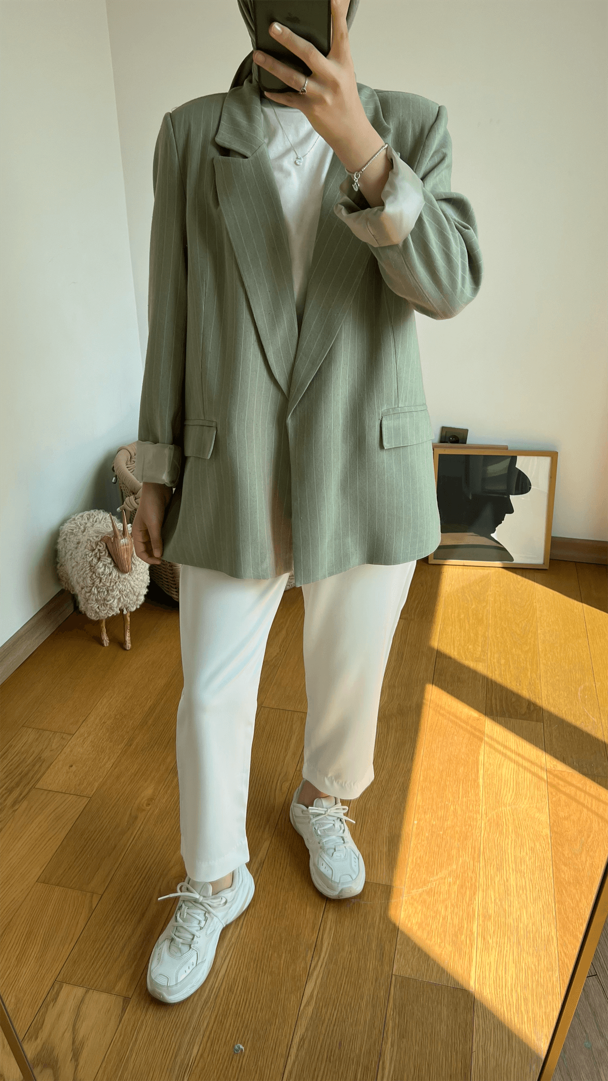 Çizgili Keten Haki Blazer Ceket