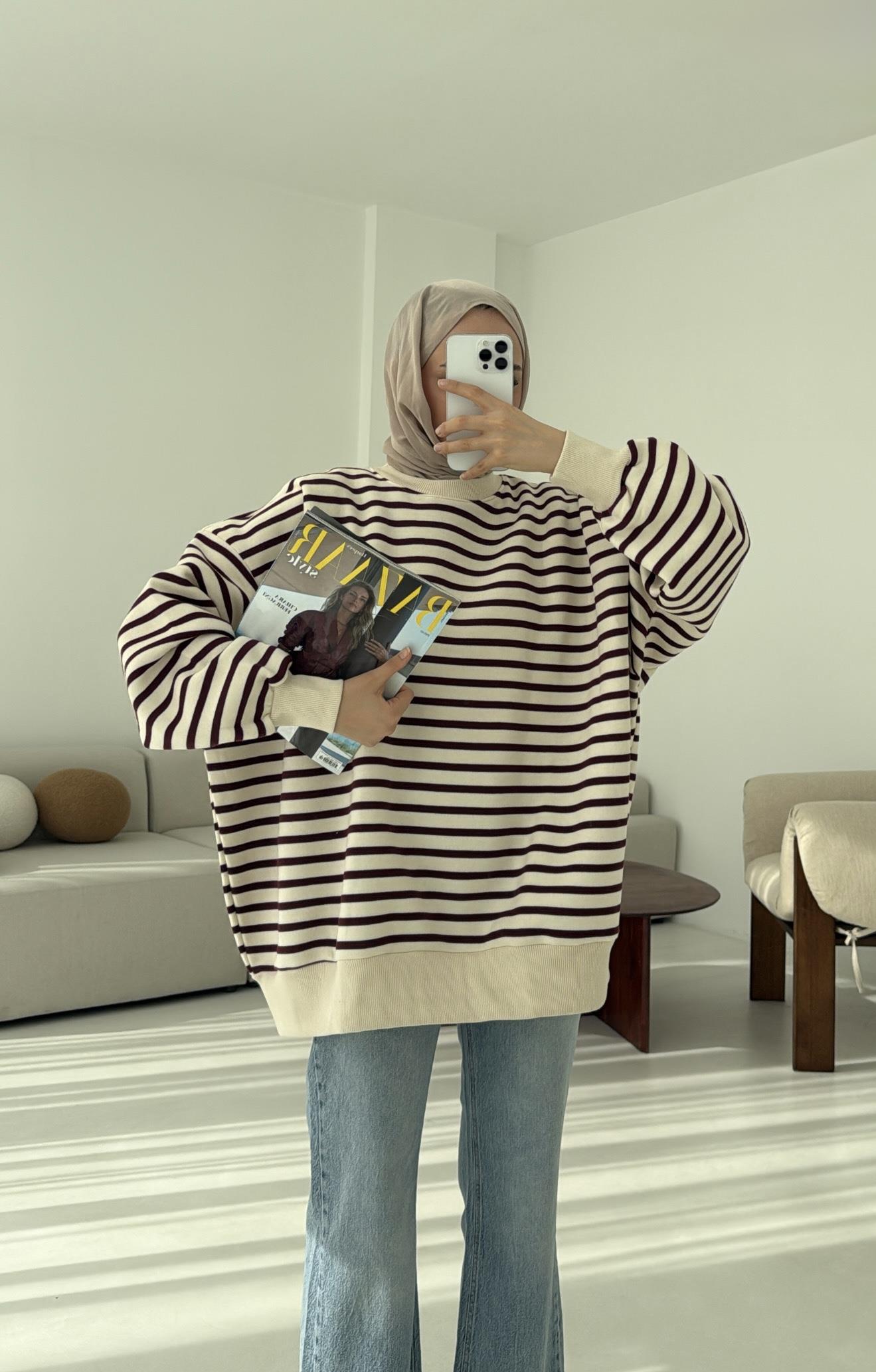 Çizgili Oversize Sweatshirt Bordo