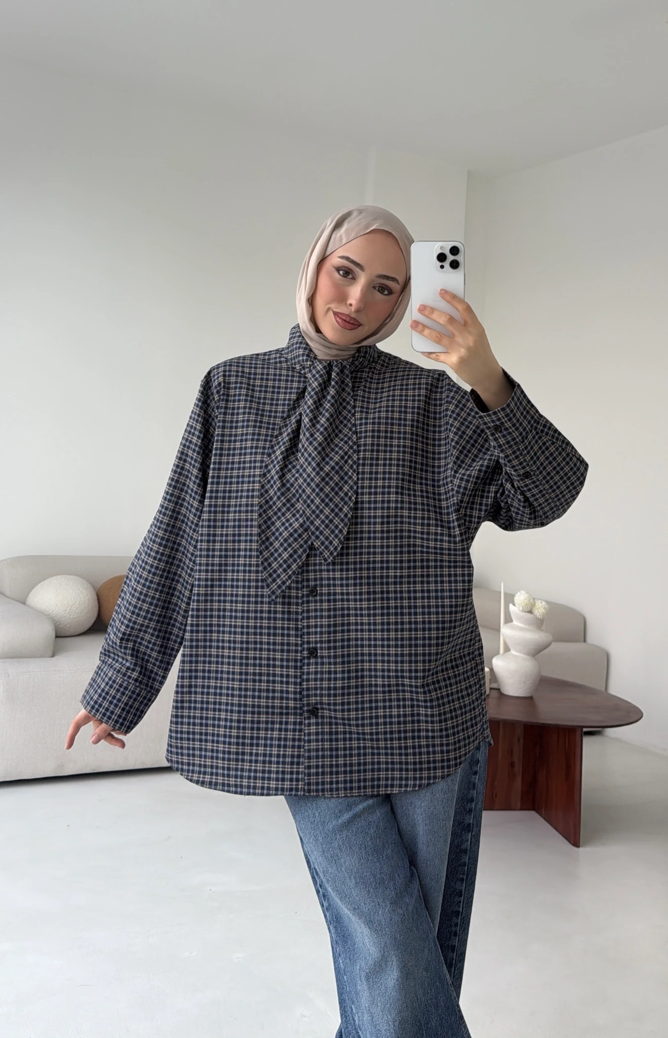 Fular Detay Ekose Gömlek Lacivert 