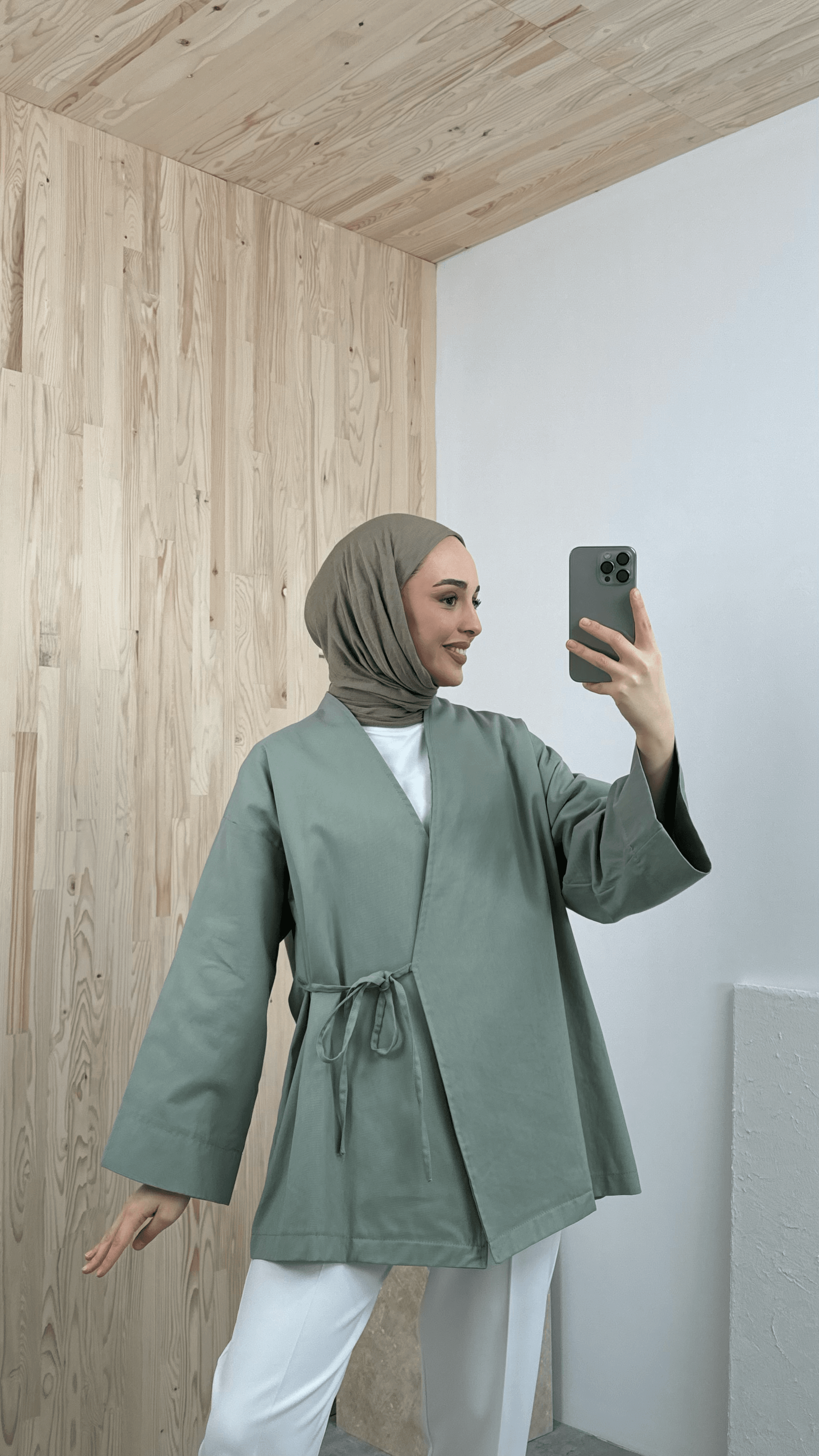 Gabardin Bağlamalı Ceket/Kimono Çağla Yeşili