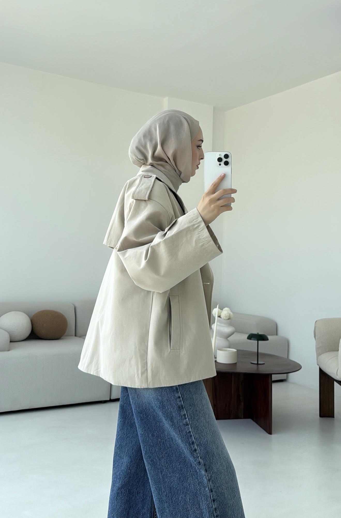 Vatkalı Kısa Trençkot Taş