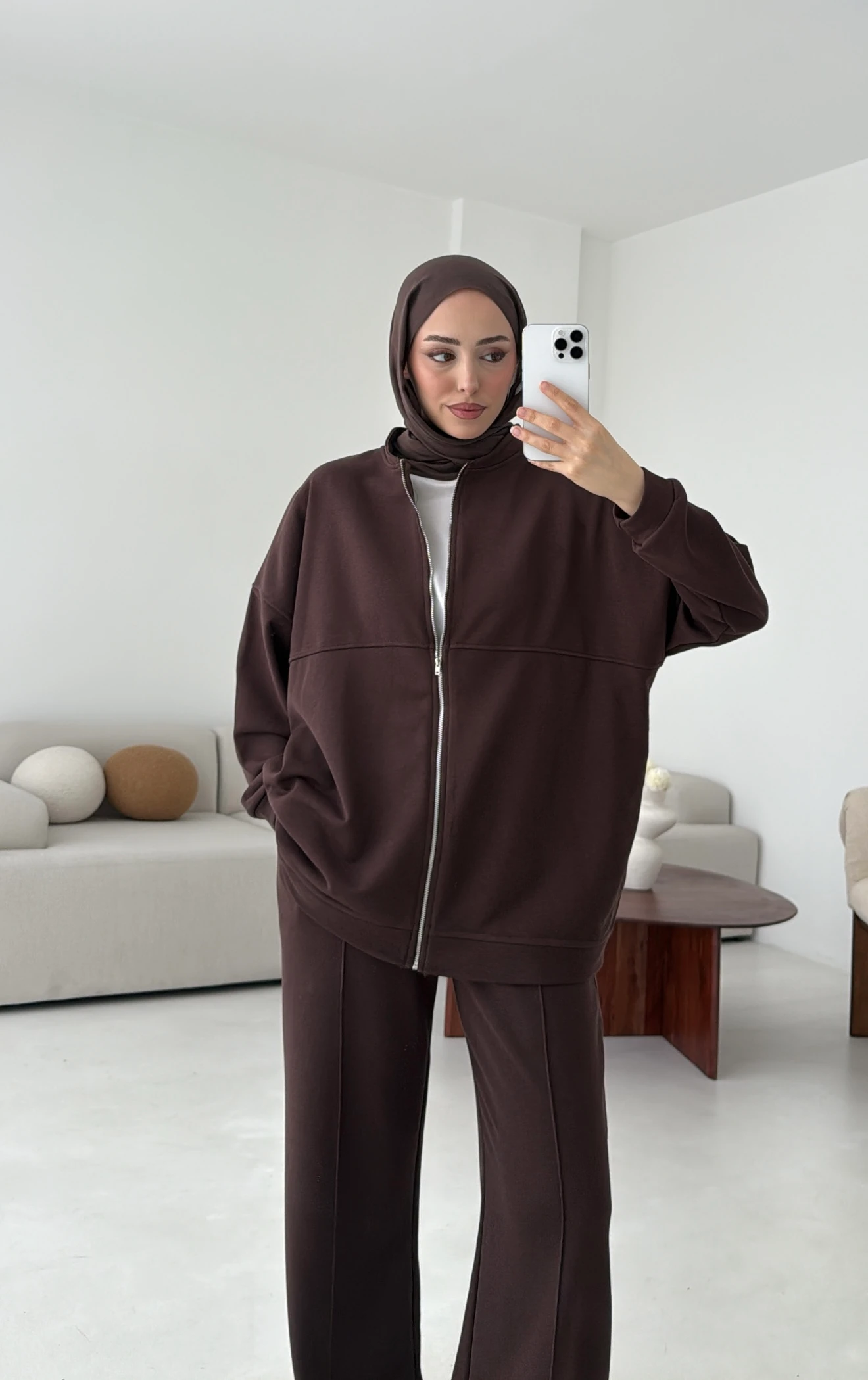 Fermuarlı 3 İplik Takım Kahve