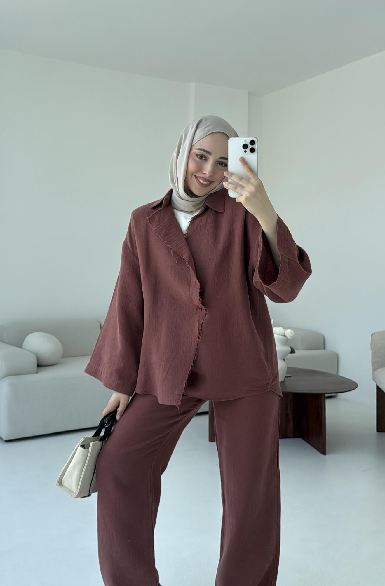 Müslin Düğmeli Kimono Takım Kiremit