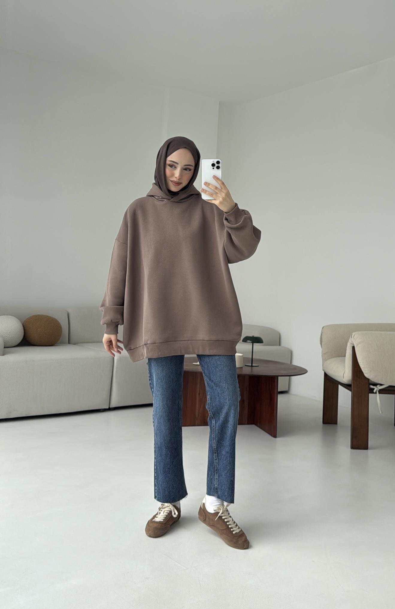 Kapüşonlu Oversize Şardonlu Sweatshirt Kahve