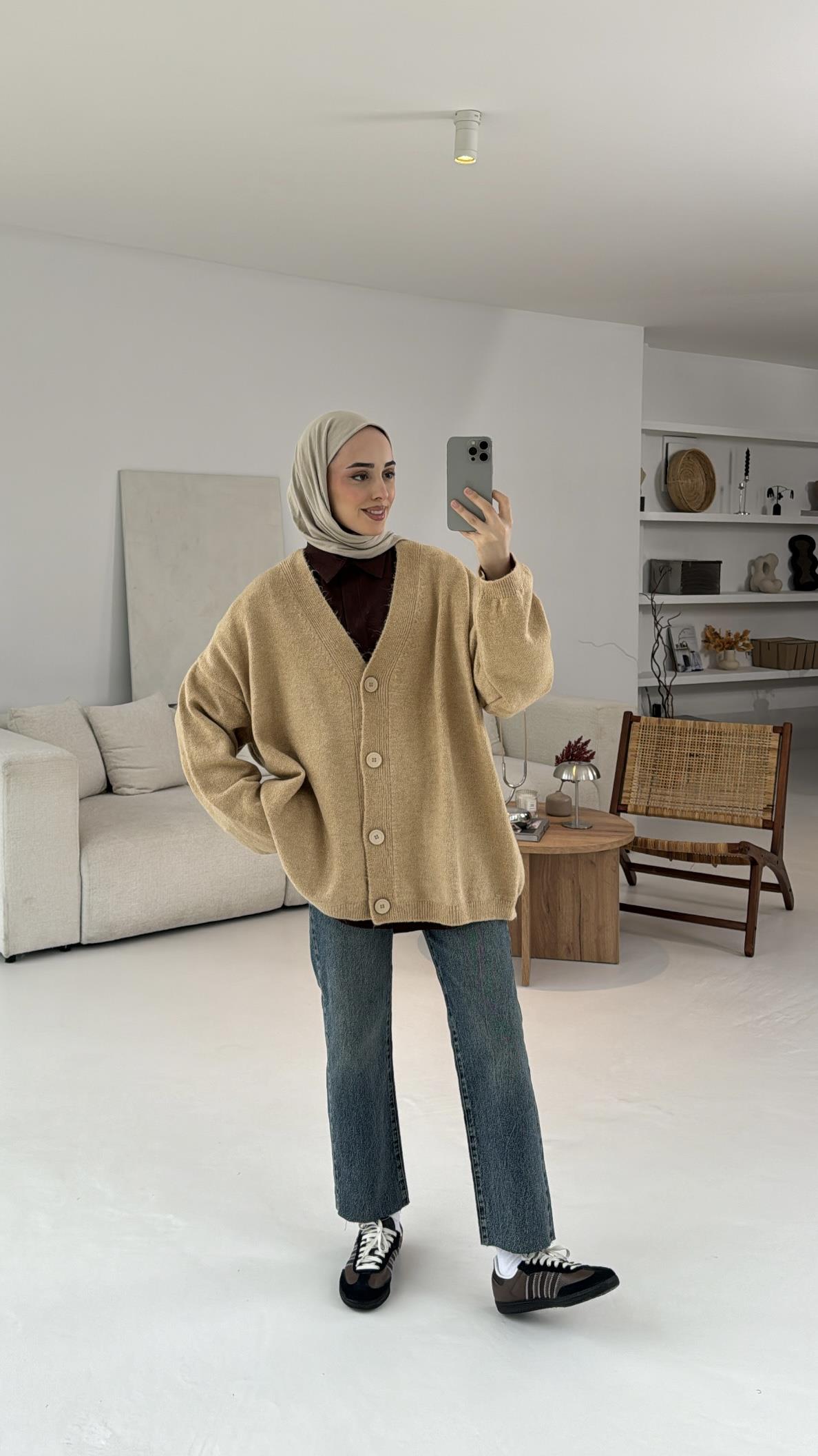 Oversize Yünlü Triko Hırka Vizon