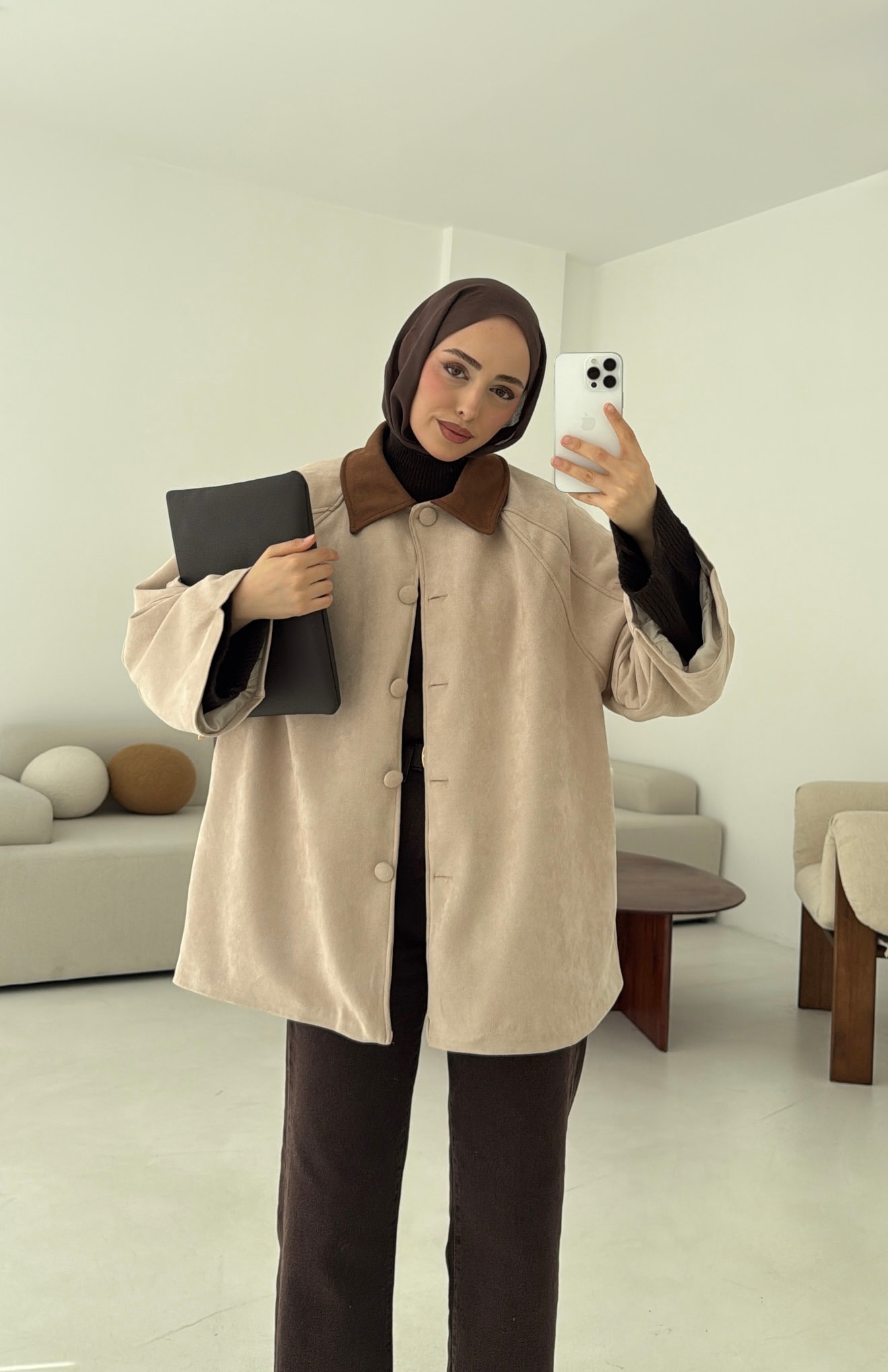 Nubuk Kontrast Yaka Ceket Bej