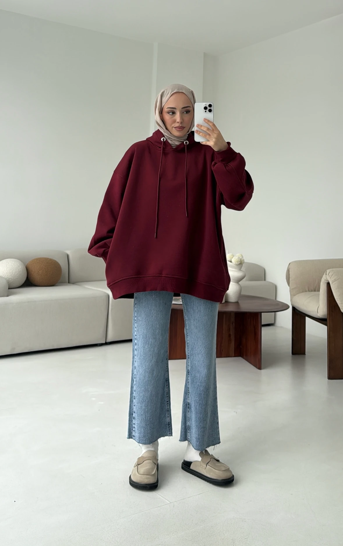 Kolu Pile Detay Oversize Sweatshirt Bordo