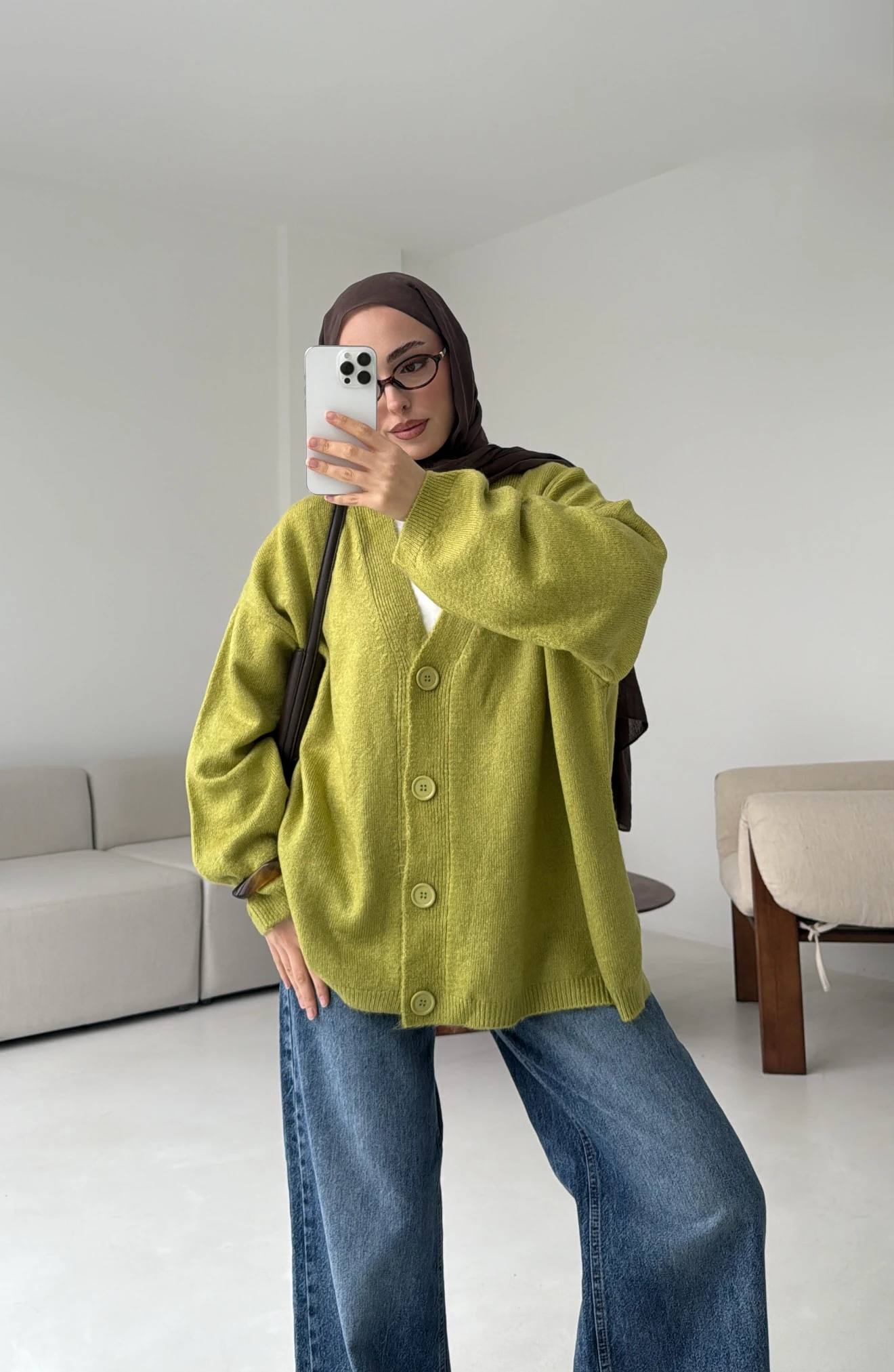 Oversize Yünlü Kazak Yağ Yeşili