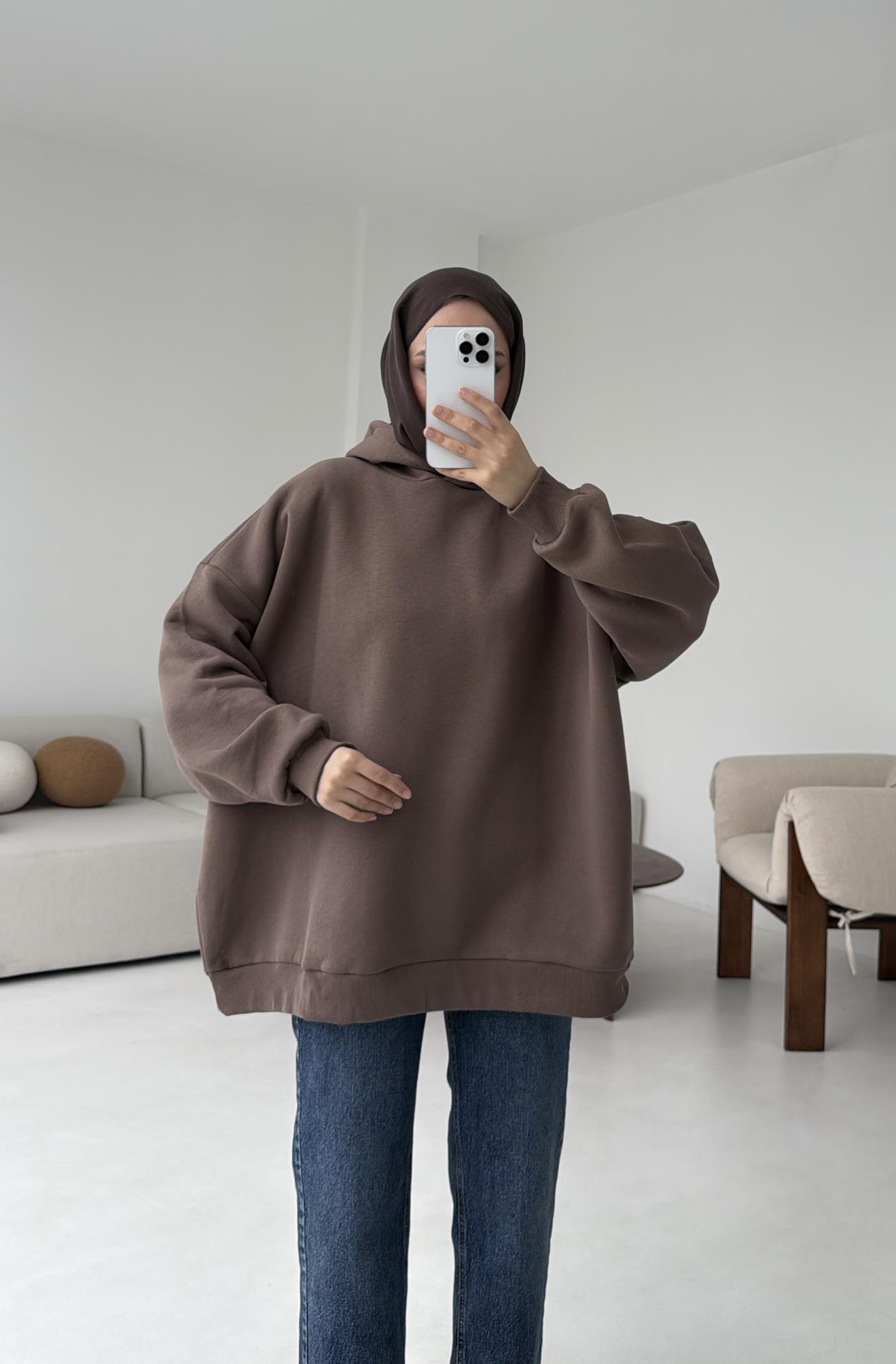 Kapüşonlu Oversize Şardonlu Sweatshirt Kahve