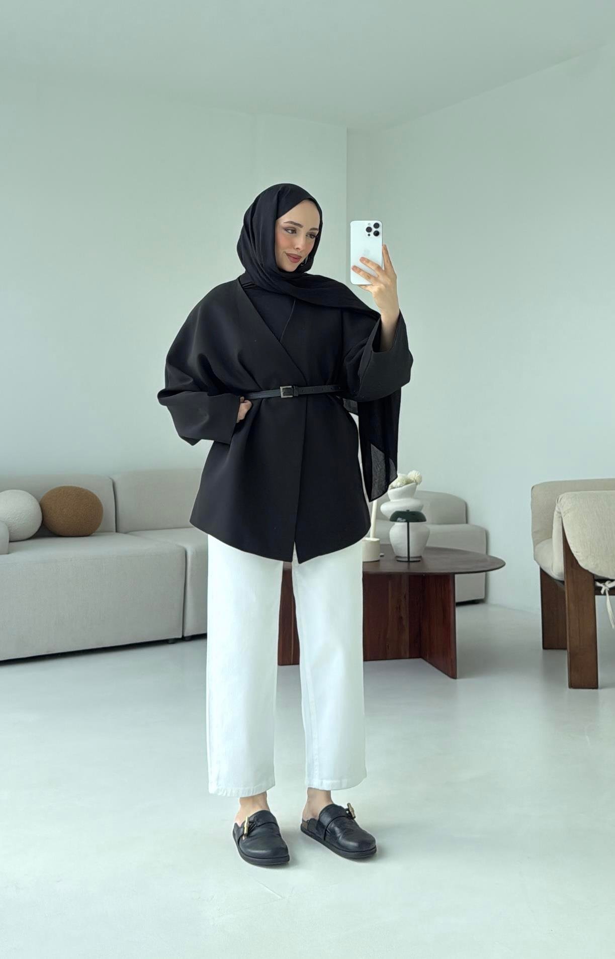 Deri Kemer Detay Oversize Ceket Siyah