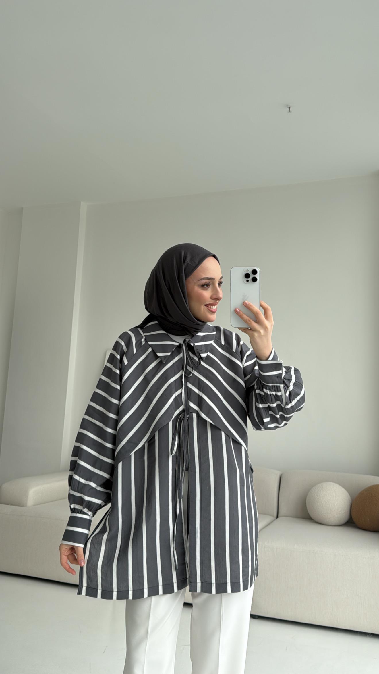 Çizgili Bağlamalı Kimono Antrasit